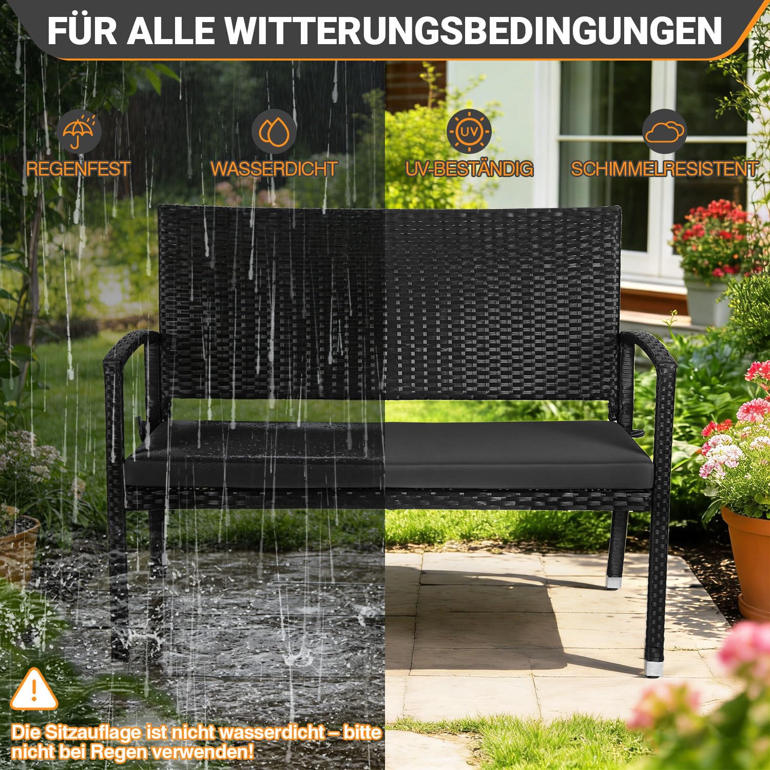 Banc de jardin résistant aux intempéries avec coussin, banc de balcon en polyrotin 2 places, 112 x 58 x 90 cm, banc d'extérieur charge jusqu'à 227 kg, banc avec dossier et accoudoirs, noir