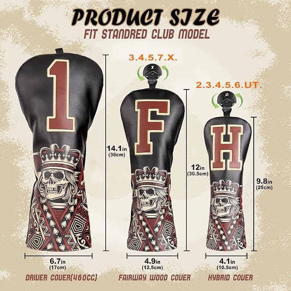 Golf Club Wood Head covers for Driver/Fairway/Hybrid/Putter 1FH Elastic Closure Black PU Leather Skeleton King