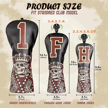Golf Club Wood Head covers for Driver/Fairway/Hybrid/Putter 1FH Elastic Closure Black PU Leather Skeleton King