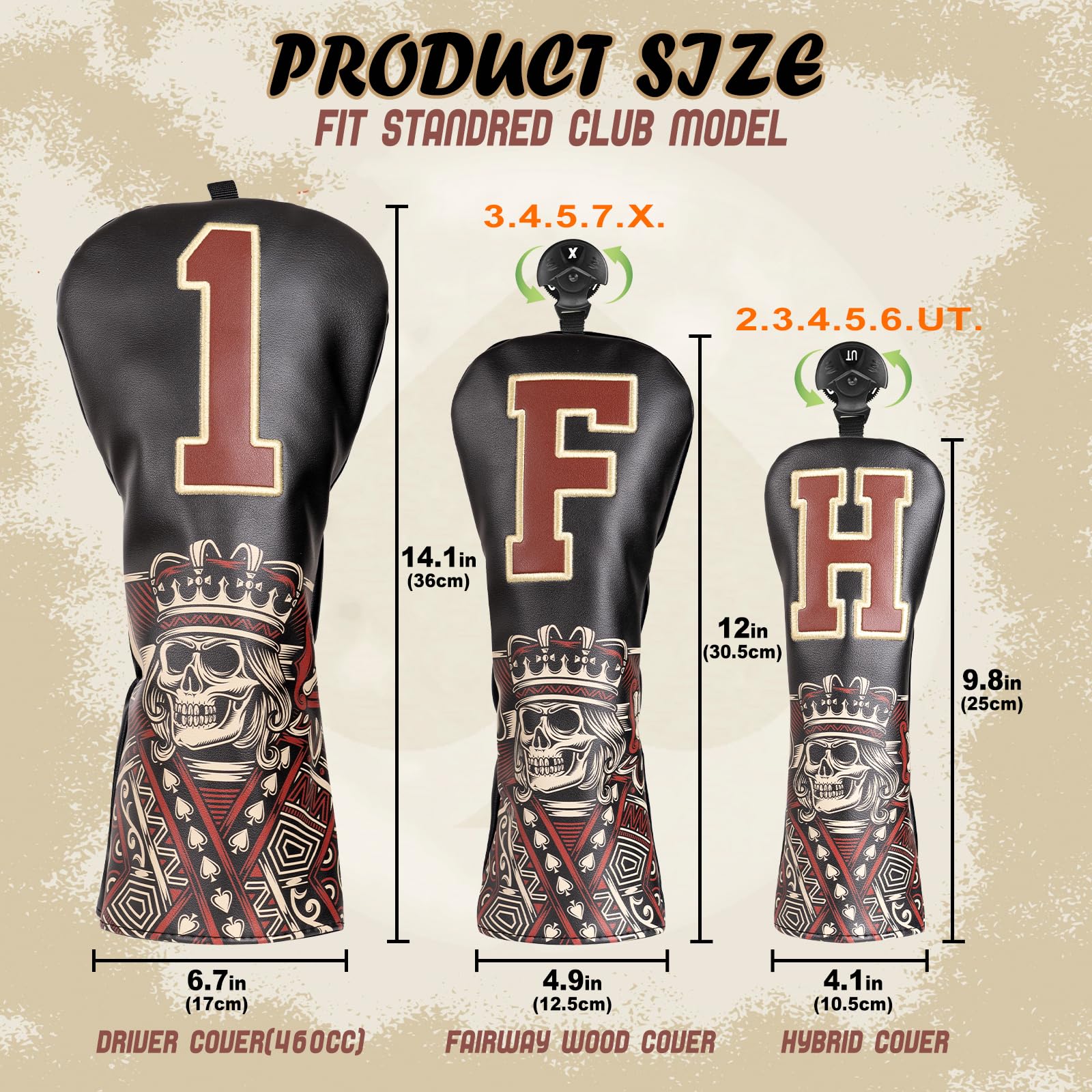 Couvre-club de golf en bois pour conducteur/parcours/hybride/putter 1FH Fermeture élastique Noir Cuir PU Squelette King