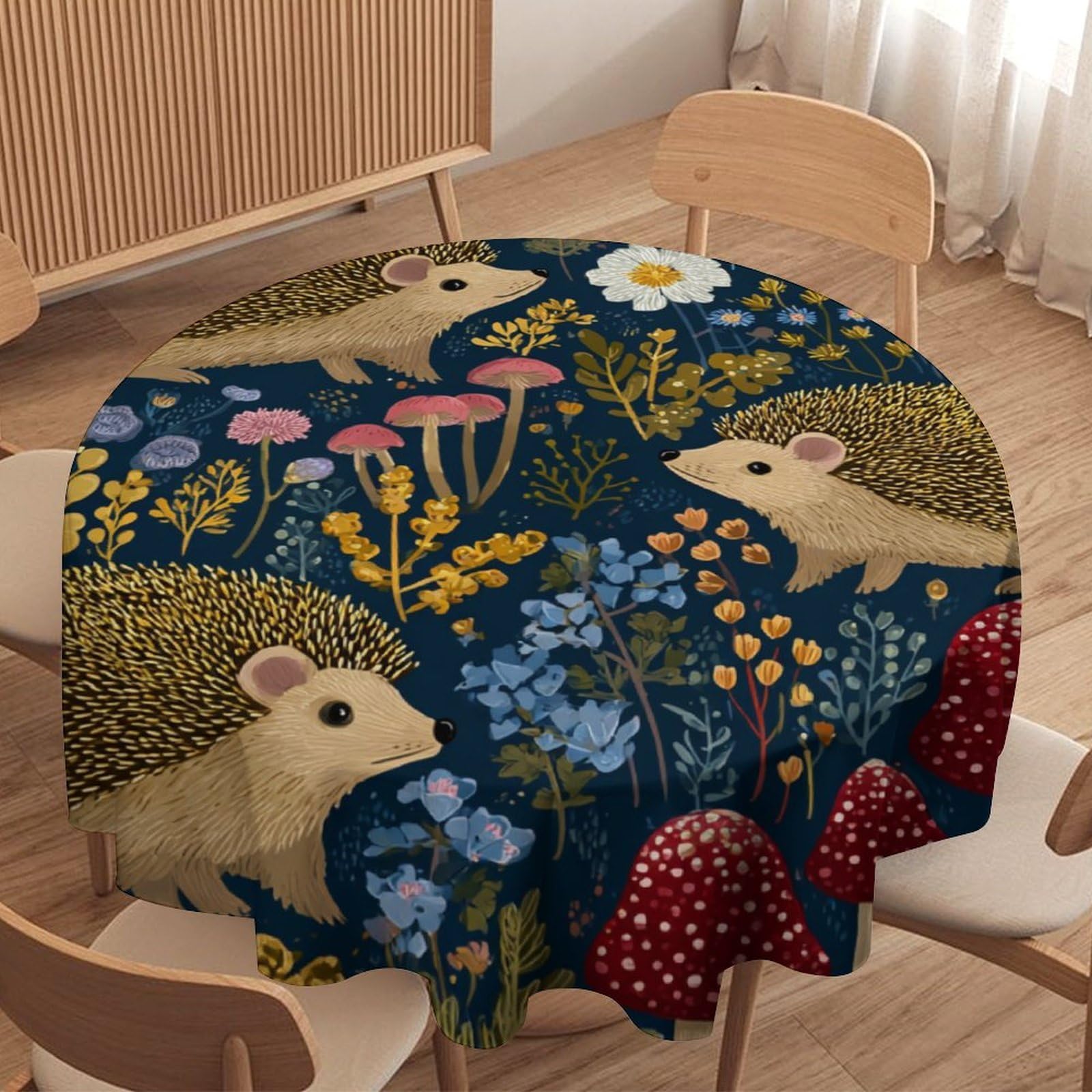 LUYYSKY Classic Cute Hedgehogs Round Tablecloth Mid Century Boho Daisies Floral Mushrooms Animals Hedgehogs Pattern Washable Decor for Table Cover for Kitchen-177.8" Wx177.8 L cm
