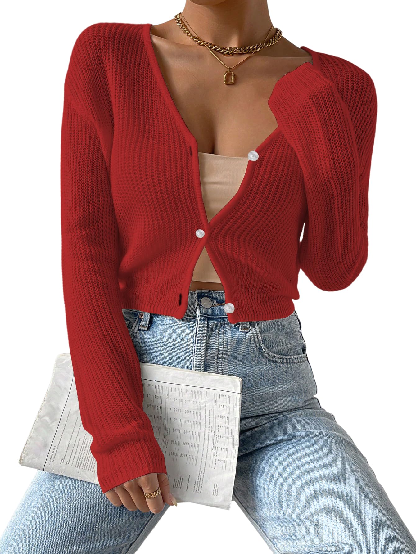 Verdusa Womens Drop Shoulder Long Sleeve Button Up Knit Cardigan Sweater