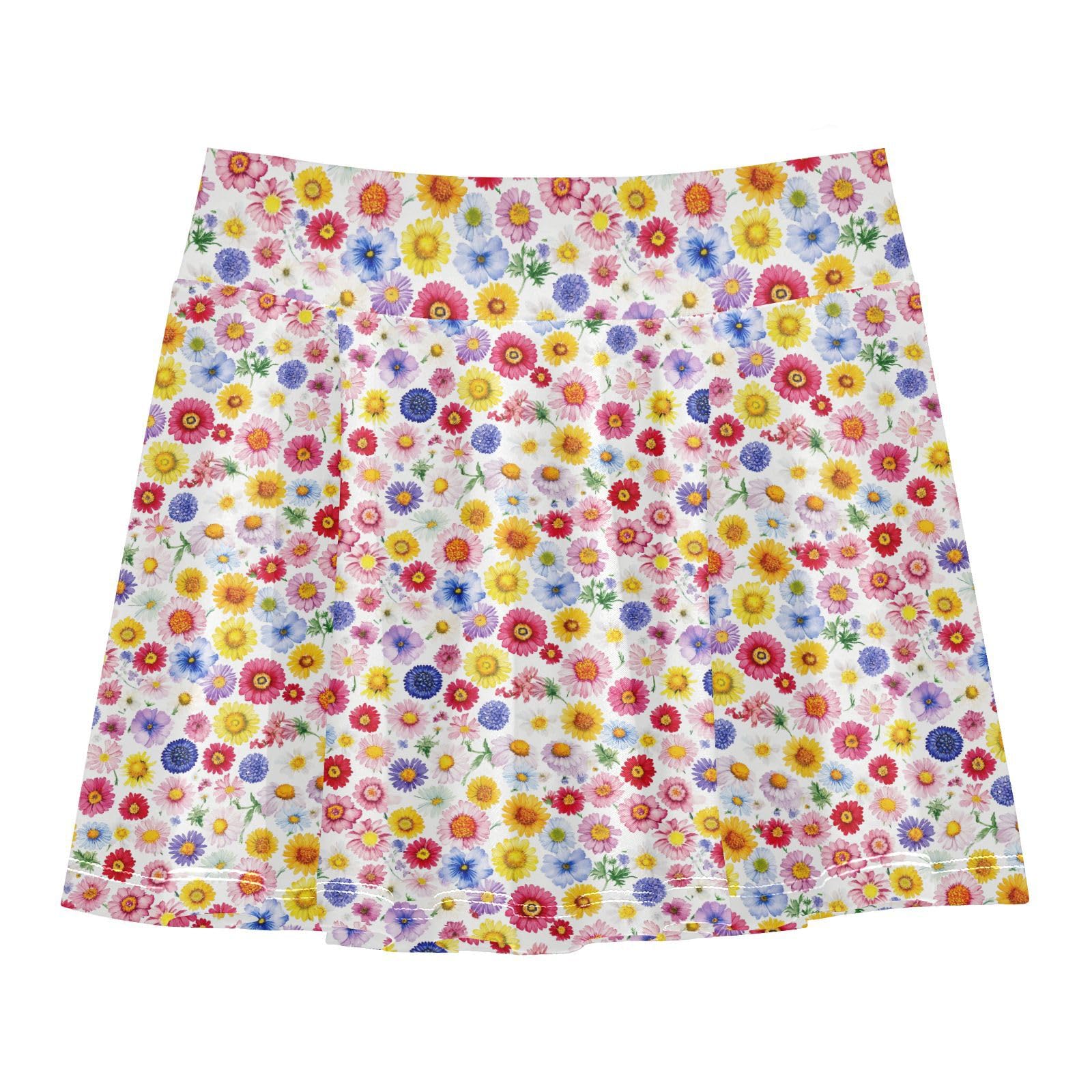 JUNZAN Daisies Colorful Tennis Skirt for Girls with Shorts Flowy Kids Pleated Skort with Pockets Little Girls Golf Skort