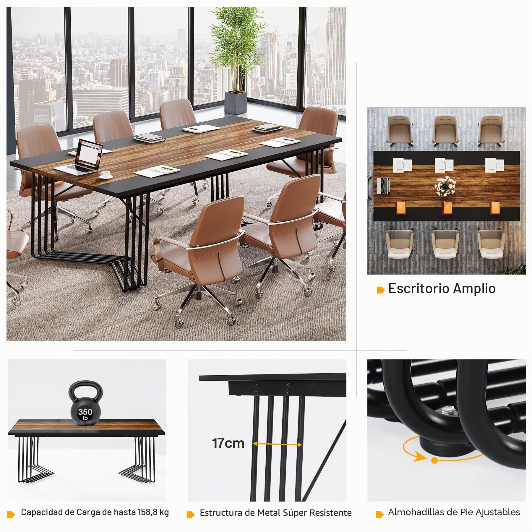 Tribesigns Escritorio para ordenador para 2 personas, 200 cm escritorio para oficina con estructura geométrica de metal resistente, mesa de reunión para seminarios de negocios para 8-10 pers