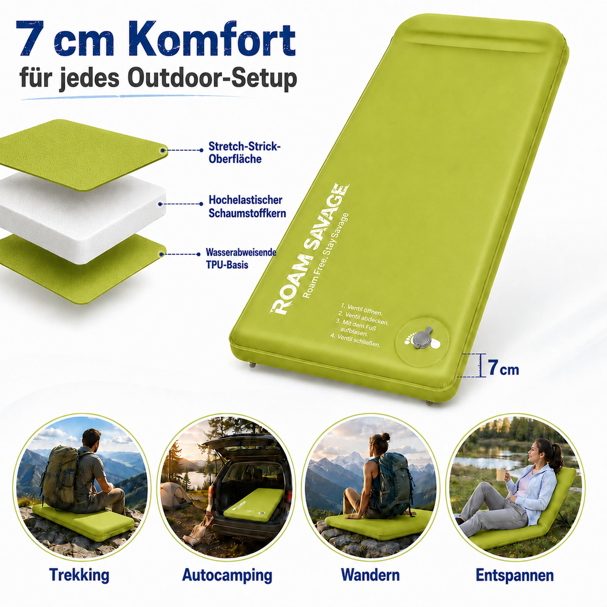 ROAM Savage Selbstaufblasende Camping-Isomatte, 7 cm Schlafmatte mit Kopfkissen, R-Wert 8,0 Isolierung, 50D TPU-Gewebe, koppelbare Luftmatratze für Camping, Wandern und Reisen