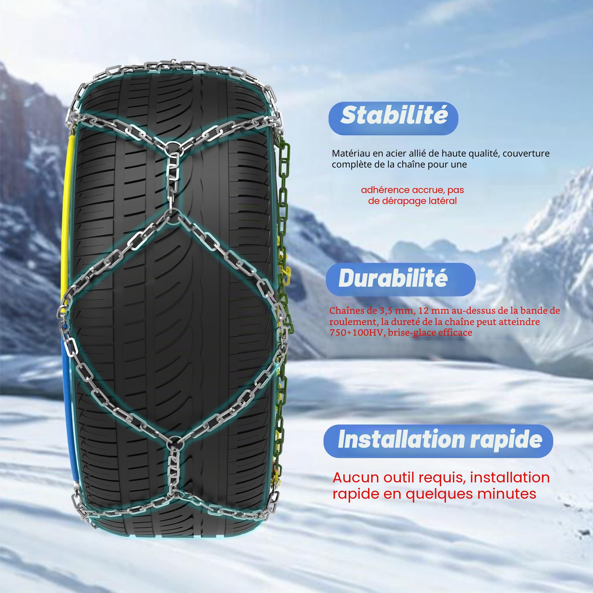 Chaînes Neige Automatiques, 2 Pièces x 12mm, Montage Rapide en 1 Minute des Chaînes Neige Avec Tendeur Automatique,Chaîne de Traction Universelle de Secours Pour Voitures, Pickups et SUV (HKN 170)