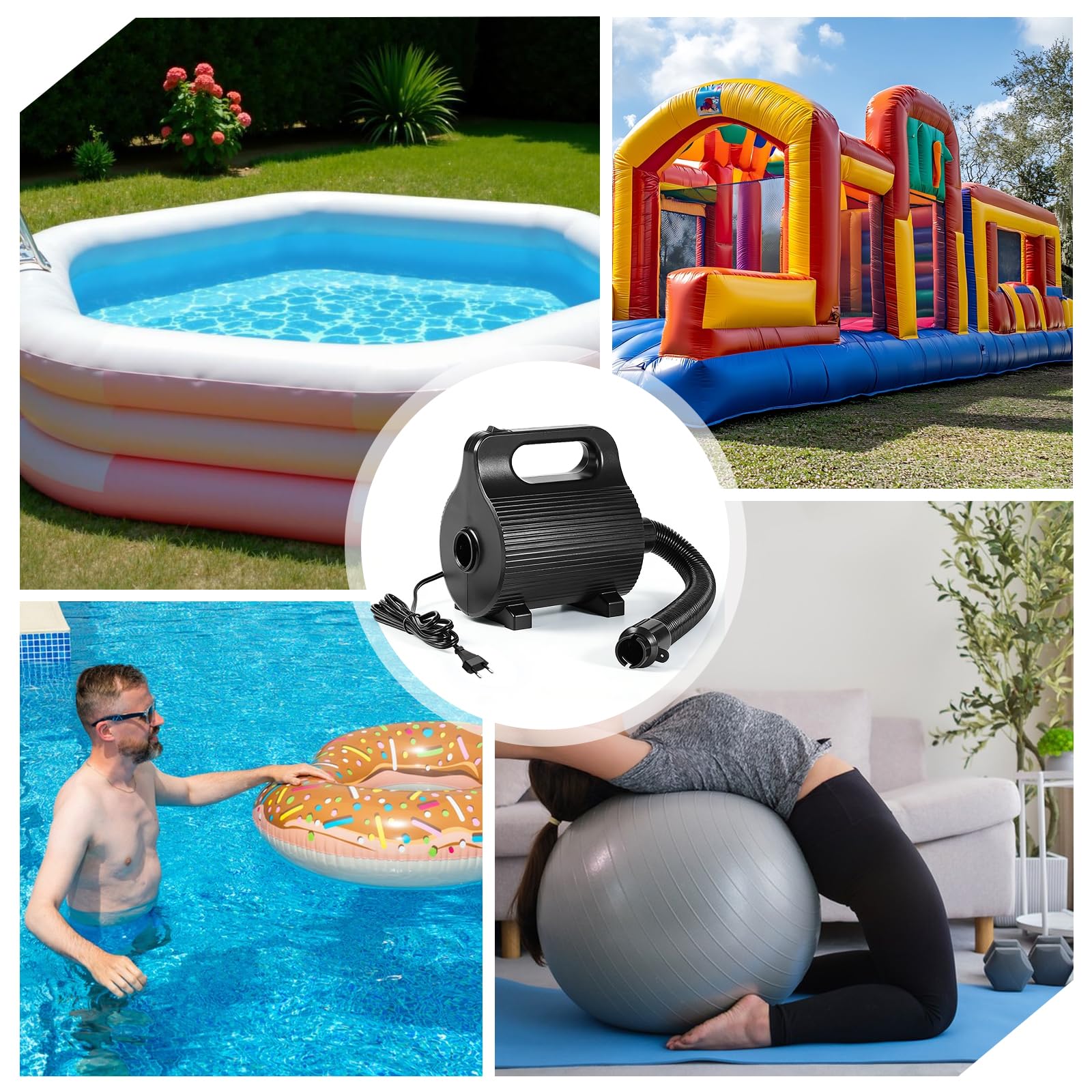 Pompe à air électrique pour Matelas pneumatiques 400W-600W, avec 4 Embouts, gonfleur Rapide 1100 L/Min pour piscines, Bateaux pneumatiques, Lits gonflables et Ballons de Gym (Noir)