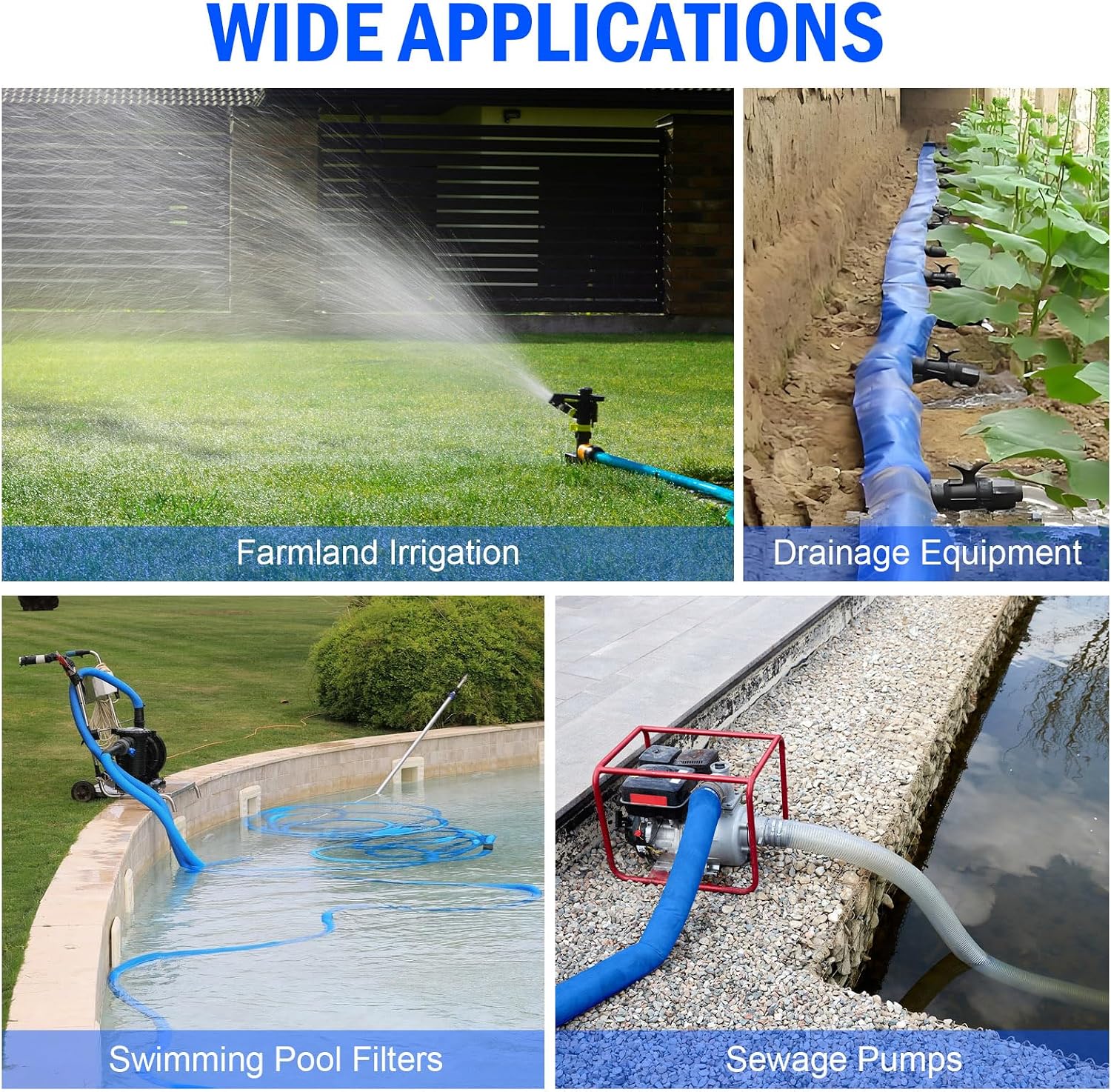 Pool Backwash Hose 2 IN x 100 FT Blue Pool Pipes with Two Stainless Steel Clamps for Swimming Pool, Garden, Water Transfer