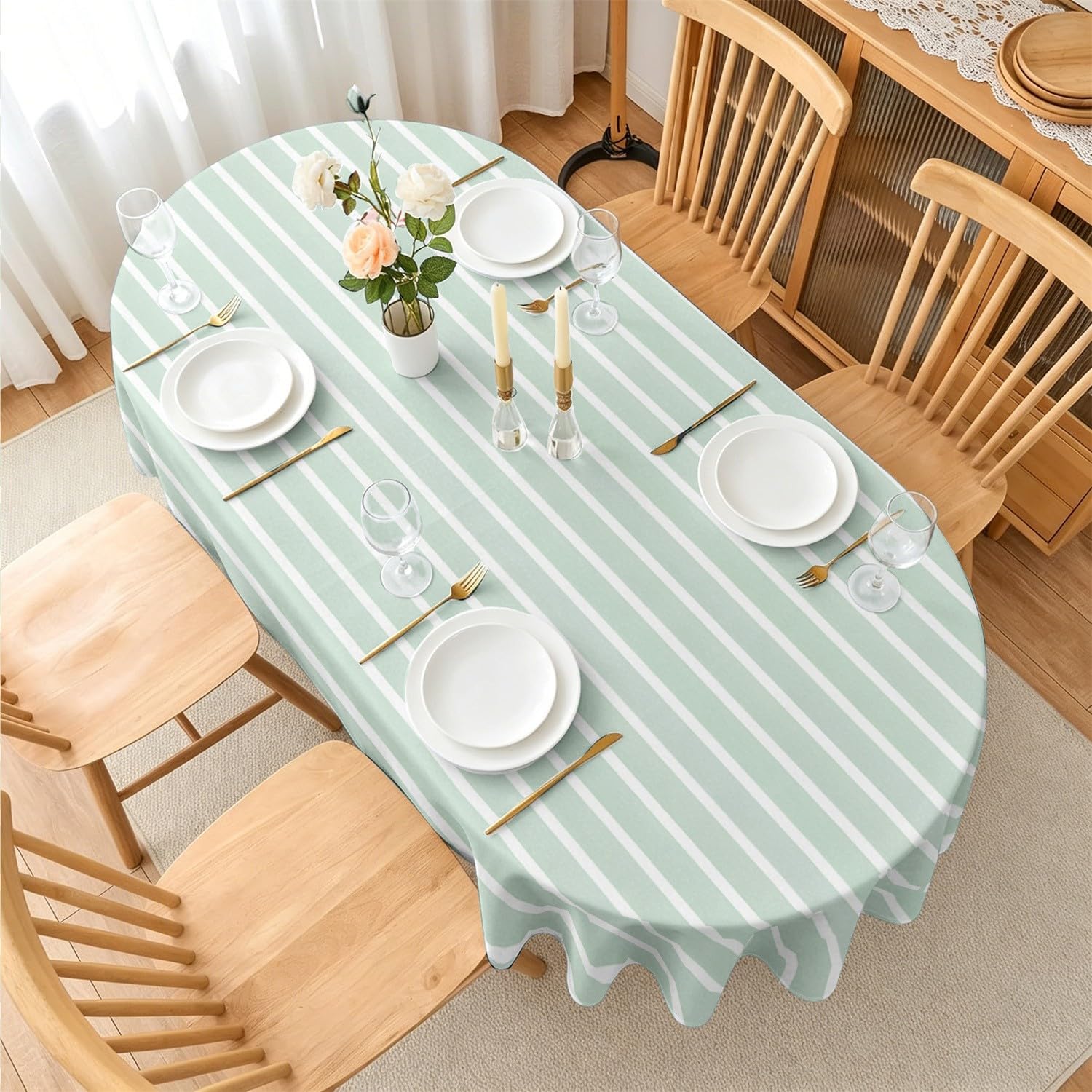 Nappe de table ovale 140x180 cm rayures vert menthe nappe géométrique lavable