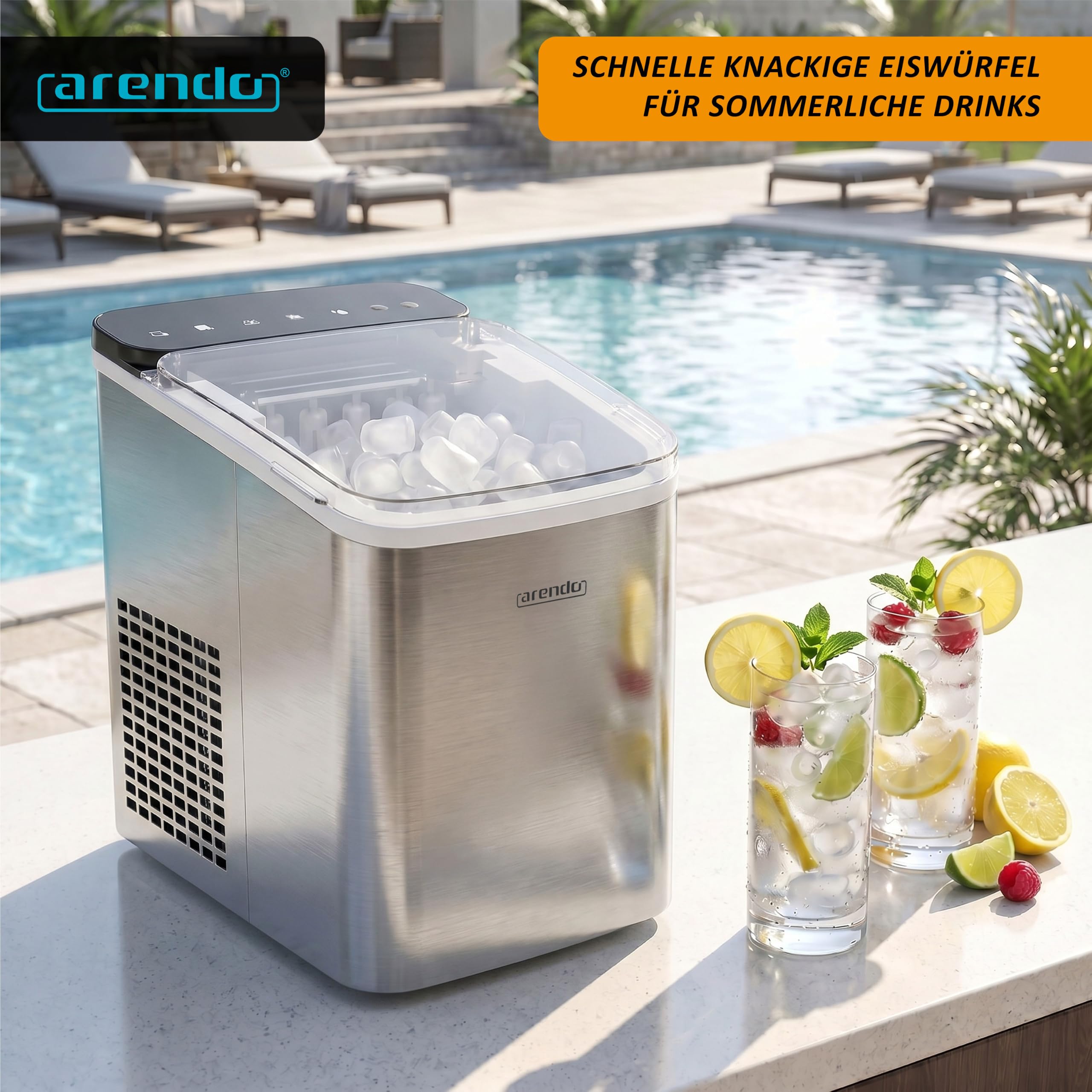 Arendo – Eiswürfelmaschine Edelstahl – Ice Cube Maker – 150 W – 12 kg Eis pro Tag – Automatische Abschaltfunktion – Warnfunktion – kleine Eiswürfel oder große Eiswürfel – leiser Betrieb