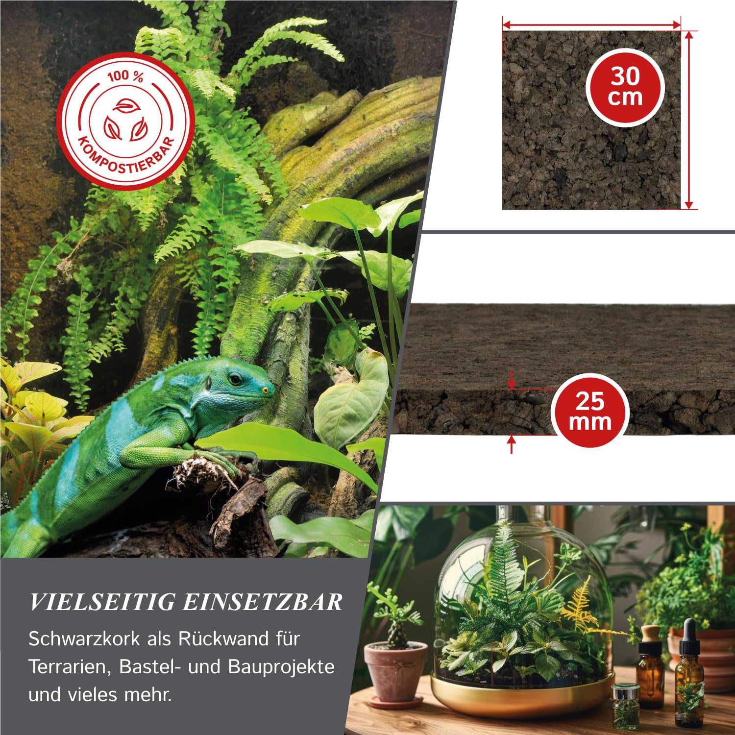 Cleverbrand 3X Schwarzkorkplatte 30x30 cm - 25 mm dick, Naturkork Rückwand für Terrarium, DIY-Projekte & Isolierung, wasserabweisend, aus Portugal
