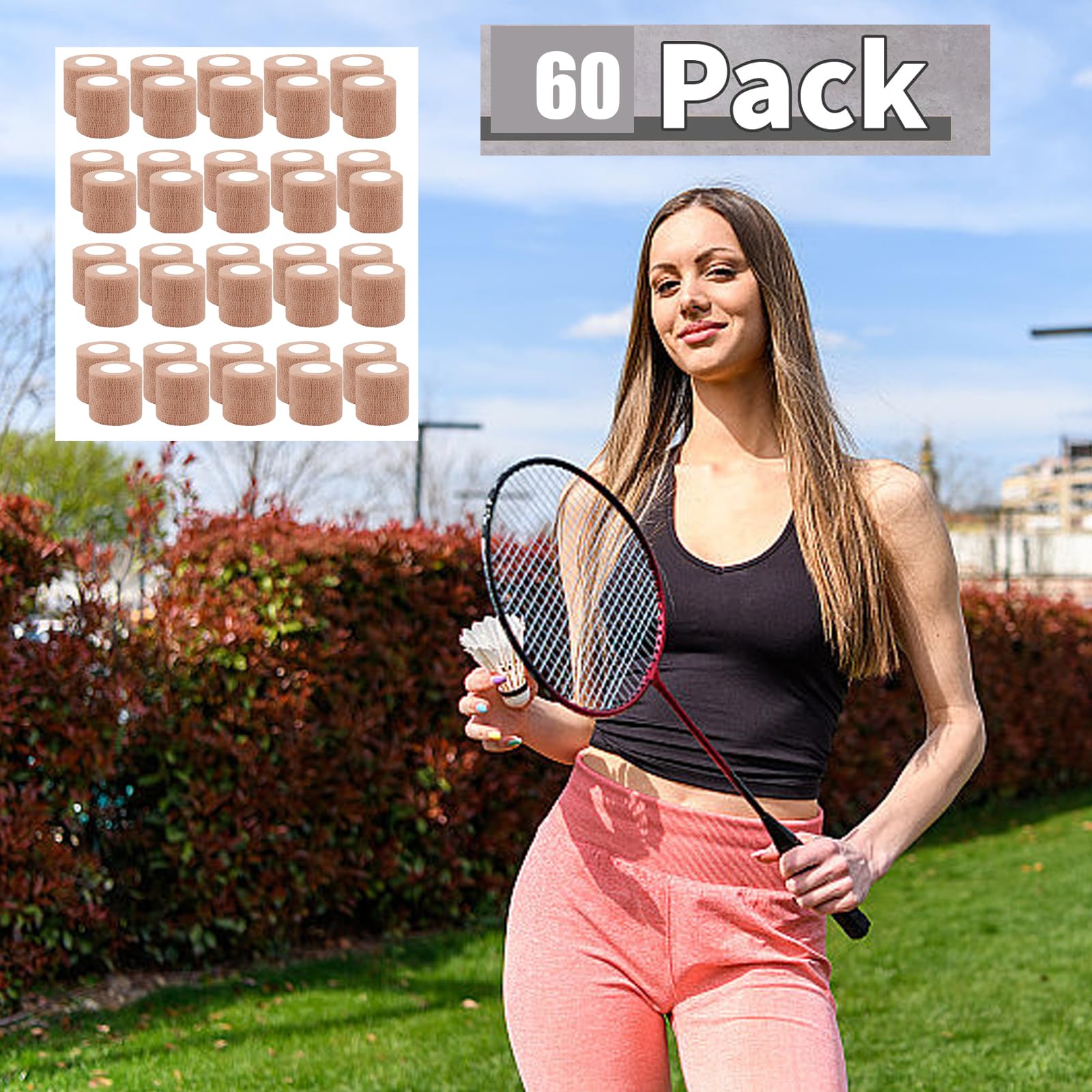 Selbstklebender Verband, 5cm x 4.5m Pflaster Rolle Verbandsmaterial, 60 Rollen Elastische Binde Bandage Fixierbinde Haftbandage Selbstklebend für Sport, Finger Hand Zehen Füße, Katze Hund Pferd (Tan)