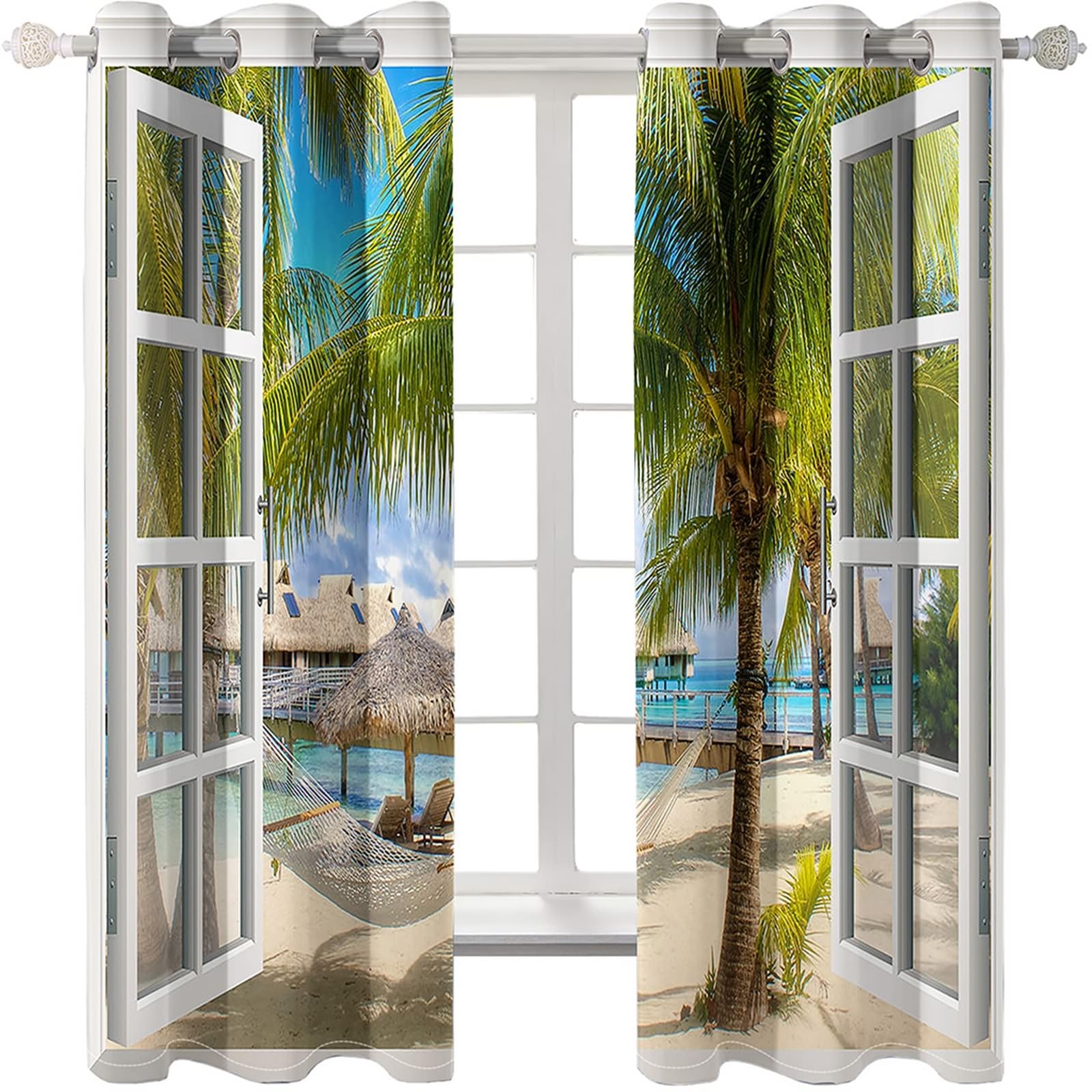 Zasłony zaciemniające o długości 244 cm, zasłony zaciemniające do pokoju, 2 zestawy paneli 52 szer. x 246 cm dł. okna, plaża, palma kokosowa i domy wakacyjne, zasłony termiczne do sypialni
