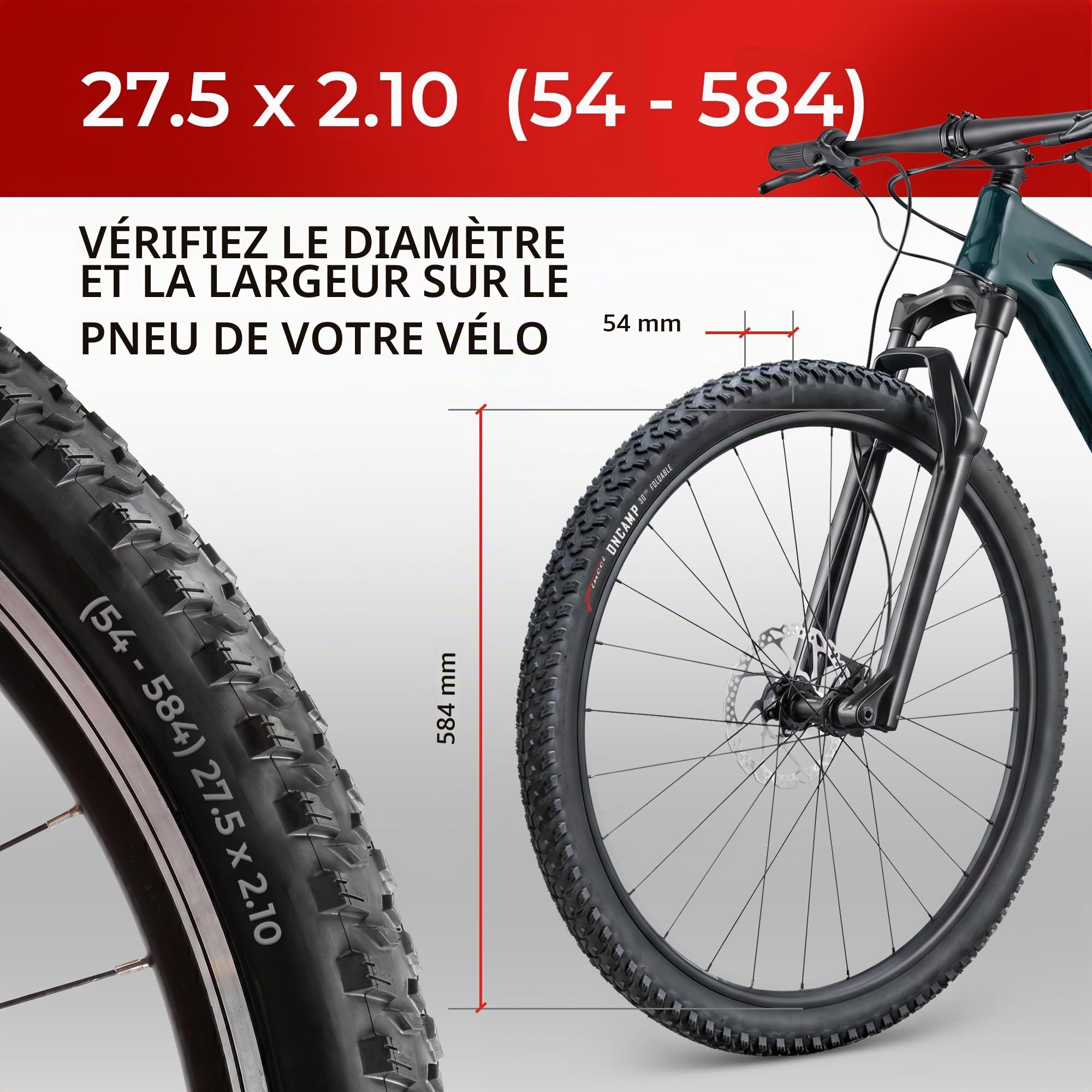 Fincci Velo Pneus VTT 27,5 x 2.10 Pouces - Paire Pliable Pneu Velo 54-584 pour Montagne & De Course & Électrique Bicyclette, Route Bici - Parfaites pour Boue, Sable, Gravier et rochers - Paquet de 2