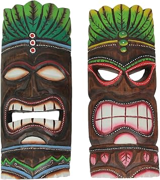 Things2Die4 Set of 2 Hand-Carved Wood Tiki Masks in Blue and Green Flame Design, Ideal for Tropical Wall Decor, 11.75 Inches High - Easy to Hang - Artisan Crafted