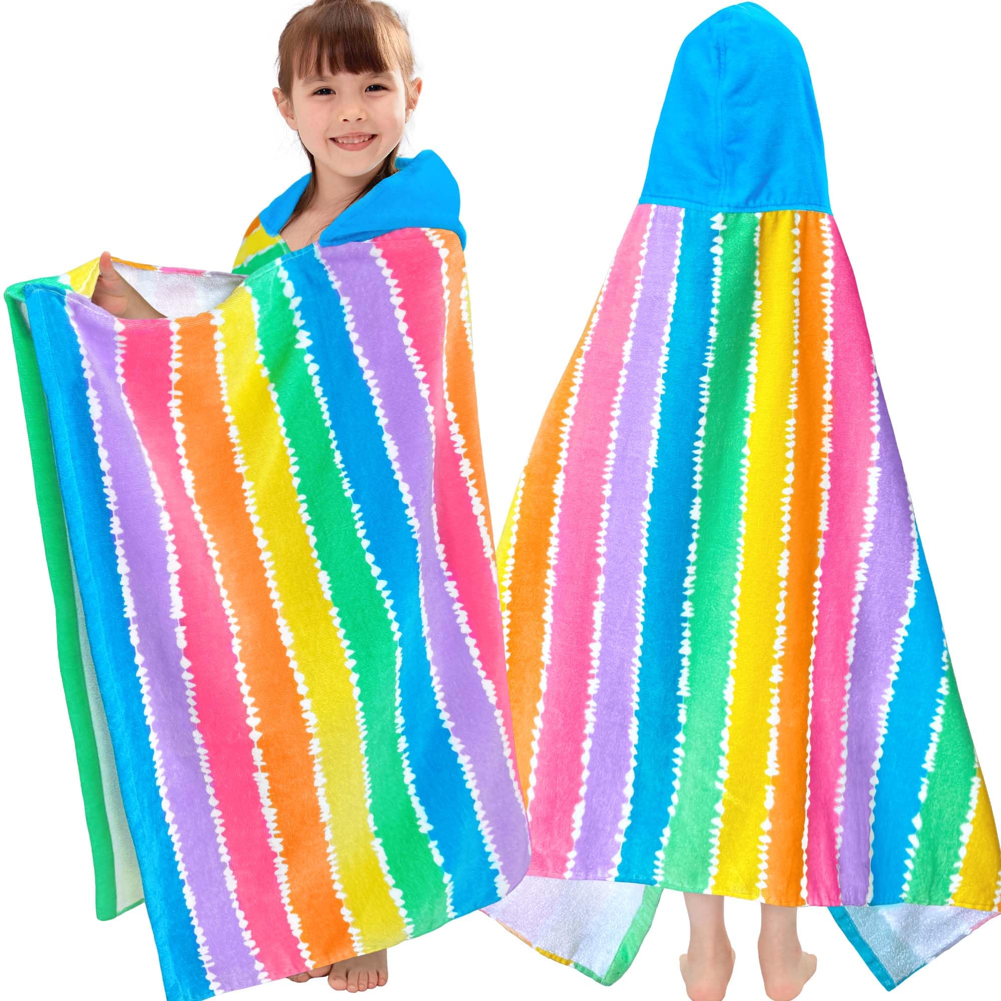 VOOVA & MOVAS Kids Hooded Towel, 3-8 Years, 100% Cotton, Color Stripe | Soft, Absorbent & Quick Dry, Suitable for Bath, Pool and Swimming Activities