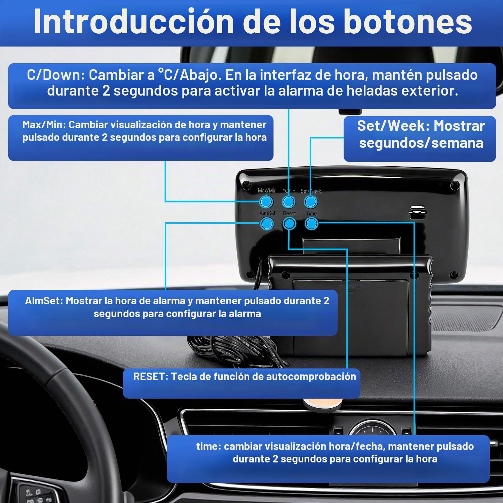 Riloer Reloj temperatura coche, Termómetro de medición de temperatura dentro y fuera del coche, retroiluminación LCD azul con pantalla digital y termómetro, Reloj de 12/24 horas ajustable
