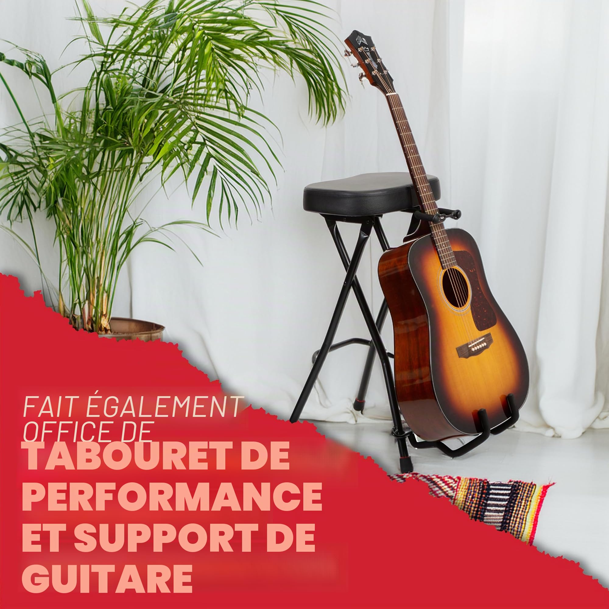 Gator Frameworks Tabouret Pliable pour Guitare avec Assise rembourrée et Support arrière pour Guitare ; (GFW-GTRSTOOL)
