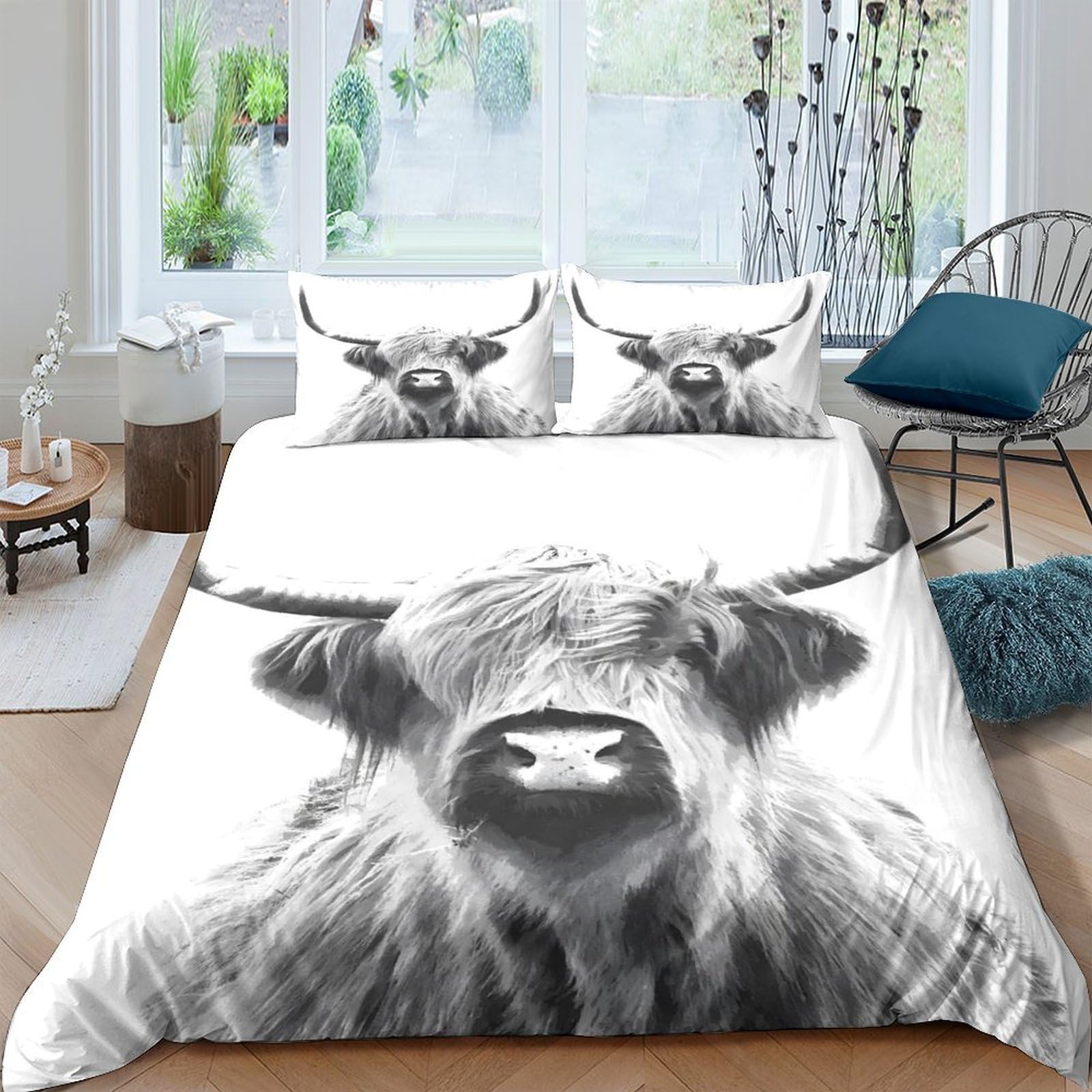 GPLZQXKJNH 3D Printed Highland Cow Duvet Cover Microfiber Soft Breathable Farm Animal Bedding Set with 2 Pillowcases for Bedroom Decor Single（135x200cm）