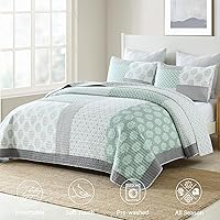 Vista 2 de Finlonte - Juego de edredón de algodón tamaño queen, floral, retazos reales, reversible, ligero y de color verde, gris y blanco para cama