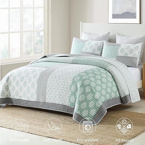 Miniatura 2 de Finlonte - Juego de edredón de algodón tamaño queen, floral, retazos reales, reversible, ligero y de color verde, gris y blanco para cama tamaño