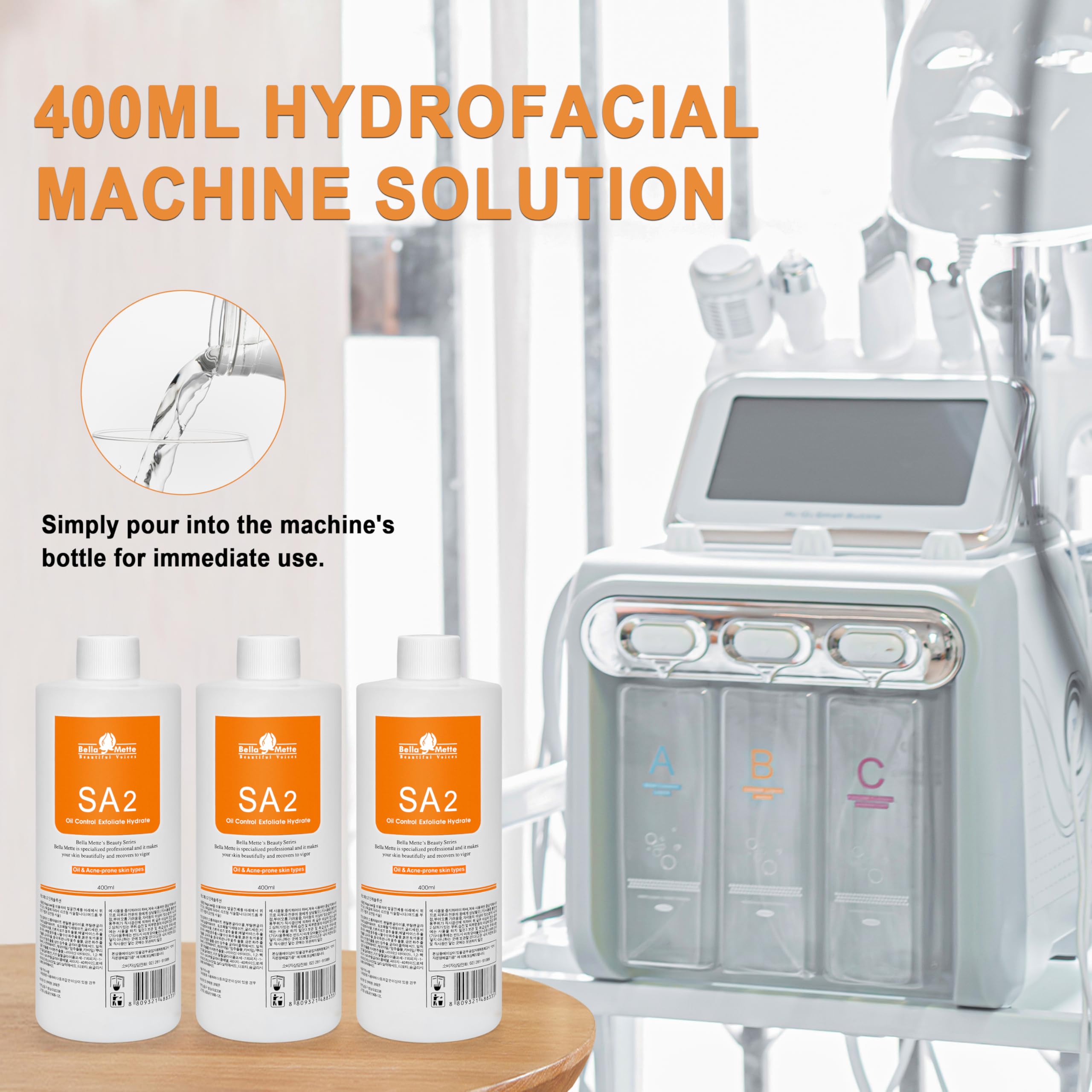 Elitzia AS1 SA2 AO3 Aqua Peeling Solution Hautpflege Aquapeel Serum für Gesichts-Dermabrasionsmaschine, Reinigung und Feuchtigkeitsspendung, 400 ml, Set mit 3 Flaschen SA2