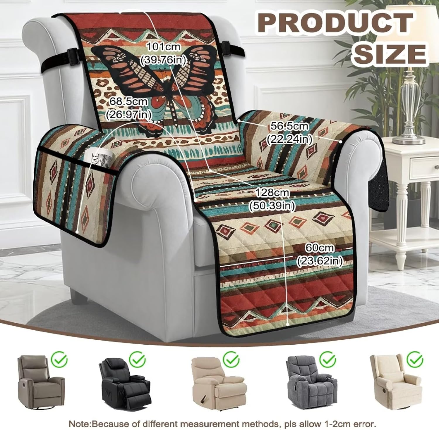 ZDCUSTOM Recliner Covers Anti-Slip Recliner Covers with Elastic Straps Butterfly Chair Cover Furniture Protector with Pockets， Prevent Wear and Pet Hair for Kids, Pets