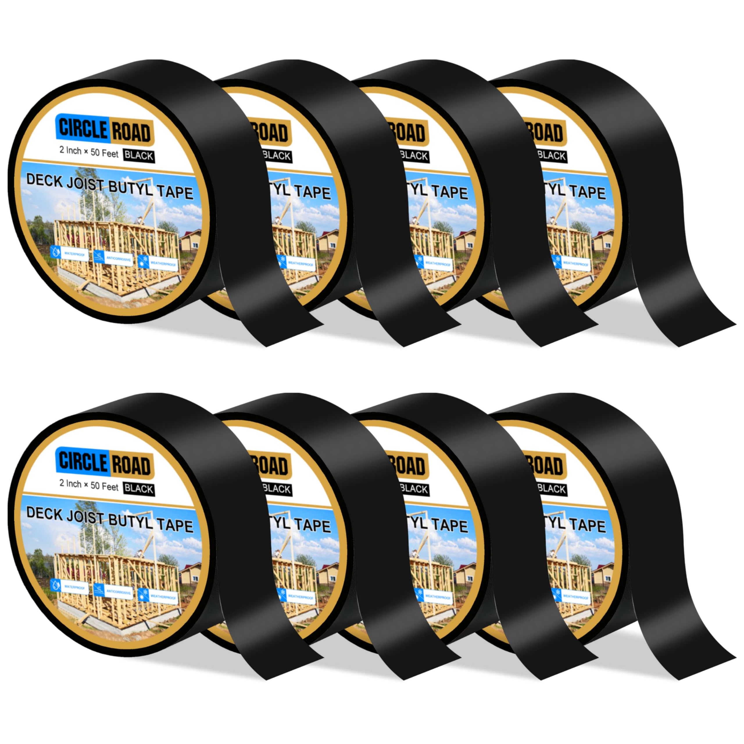 CircleRoad Cinta de vigueta para terrazas de 2 pulgadas x 50 pies, 8 rollos de cinta de butilo resistente a la intemperie para cubiertas de madera, vigas de techo, cinta intermitente anticorrosión