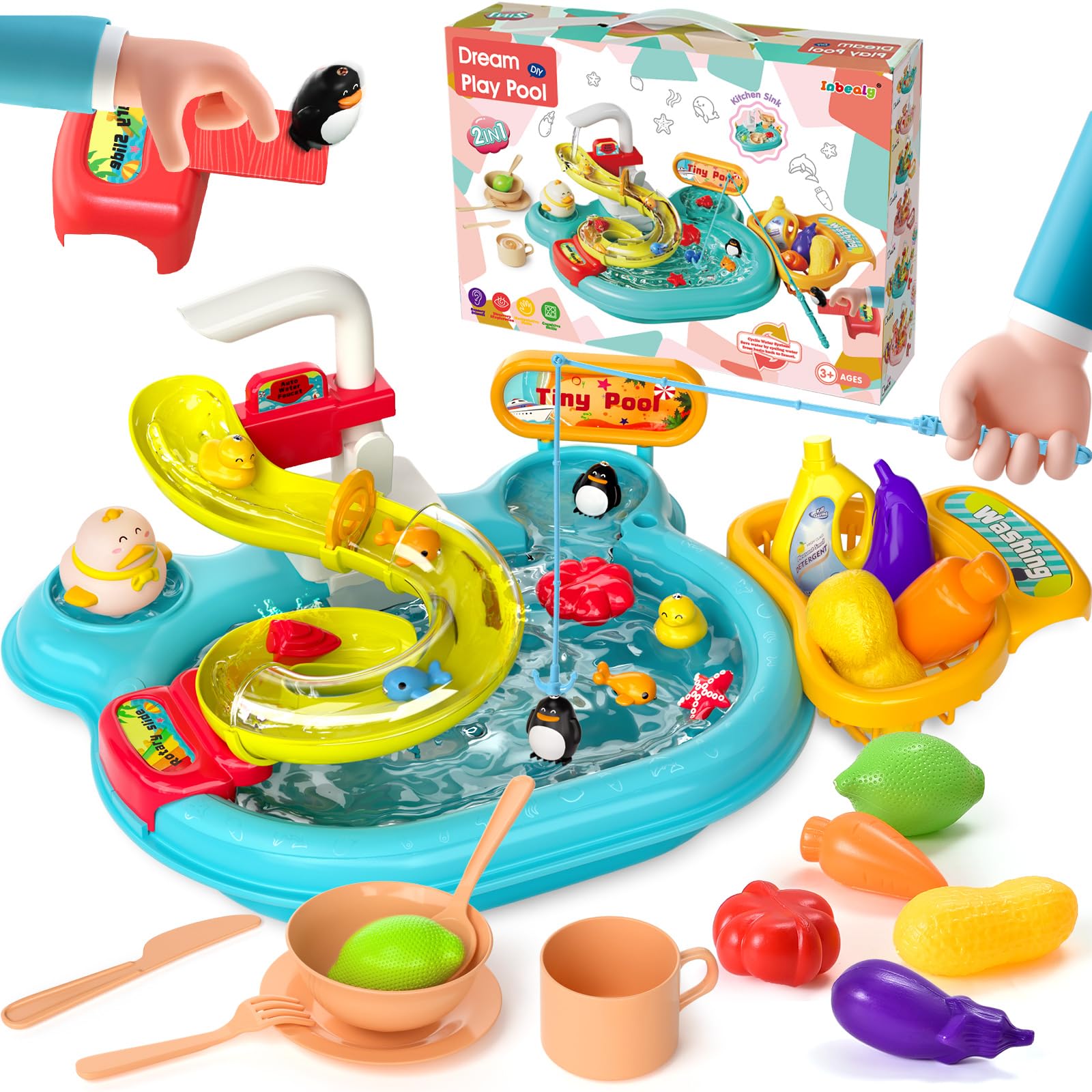 ToylinkKitchen Kids Play Sink with Running Water Table Toy, 3-in-1 Auto Water Cycle System Dishwasher & Fishing Game & Bath Toy, Birthday Gift for 1-3 4 5 Year Old Boy Girl Toddler Pretend Toy