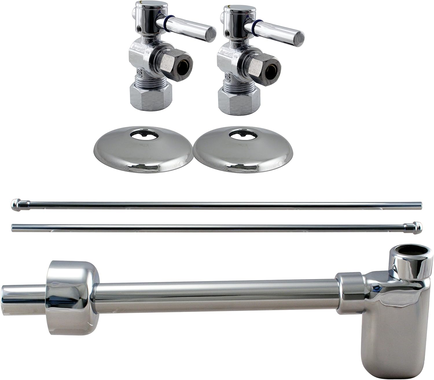 Westbrass 1/2" Nominal Compression Lever Handle Angle Stop Complete Pedestal Sink Installation Kit with 1-1/4" Euro Flat Trap, Polished Chrome, D19105BLK-26