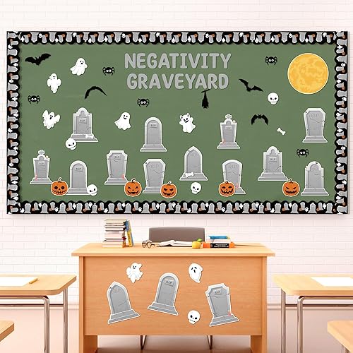 Miniatura 4 de CPicdn Juego de 132 piezas de decoración de tablón de anuncios de negatividad de Halloween, fantasma, calabaza, araña, murciélago, lápidas, borde,