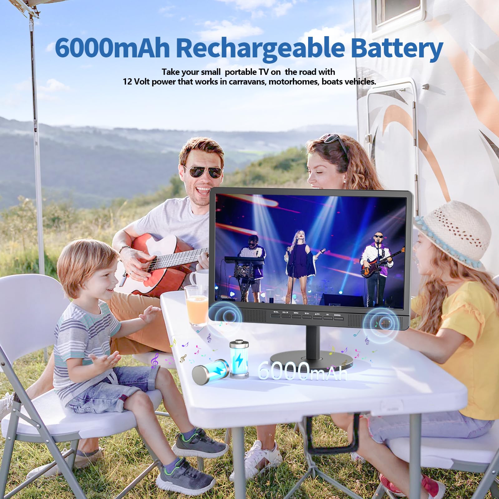 Desobry TV portátil de 18″ con Antena, Mini TV LCD con sintonizador DVB/T2 | 12V televisiónV Recargable 6000mAh con Soporte Redondo para Camping al Aire Libre, Dormitorio, Cocina