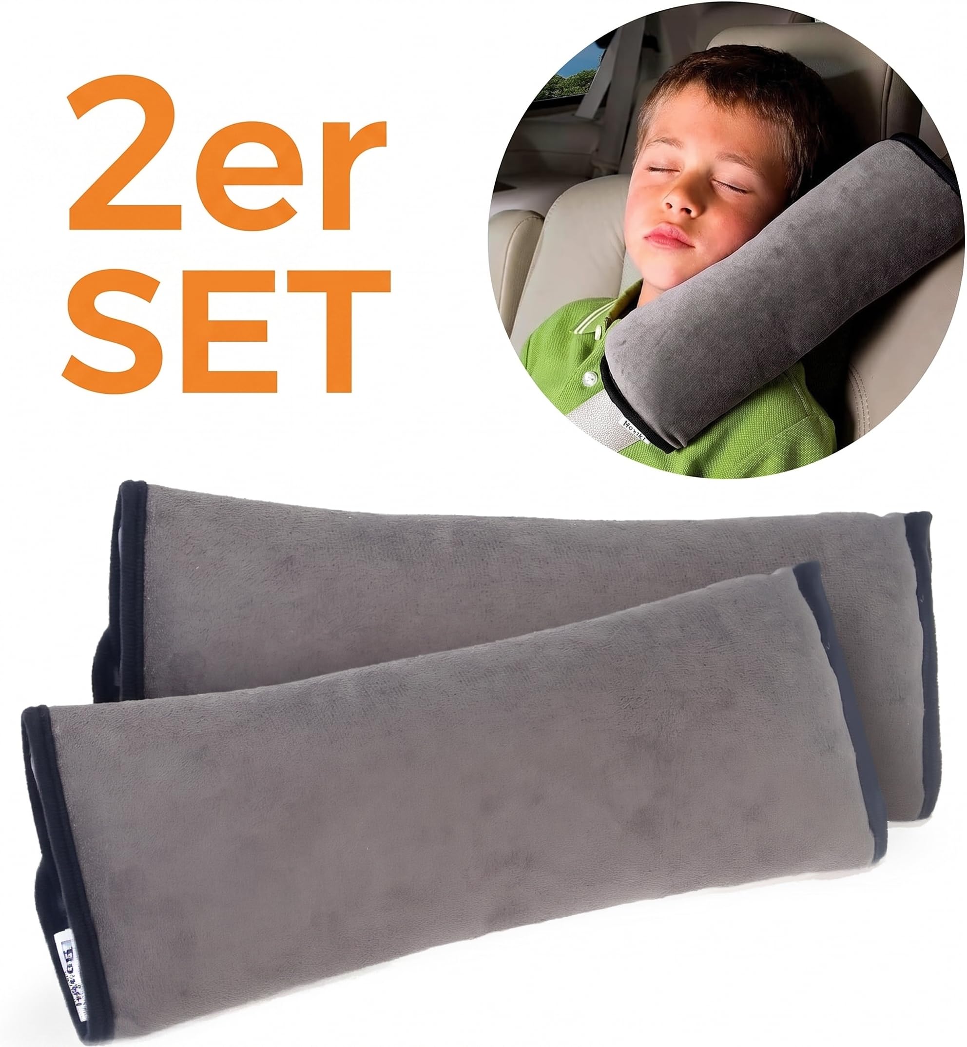 Boxiki Travel Gurtpolster Auto Kinder 2er Set, Gurtschoner Sicherheitsgurt Polster Kindersitz, Weiche Autogurt Schulterpolster mit Klettverschluss für Kinder und Erwachsene, Waschbar rutschfest Grau