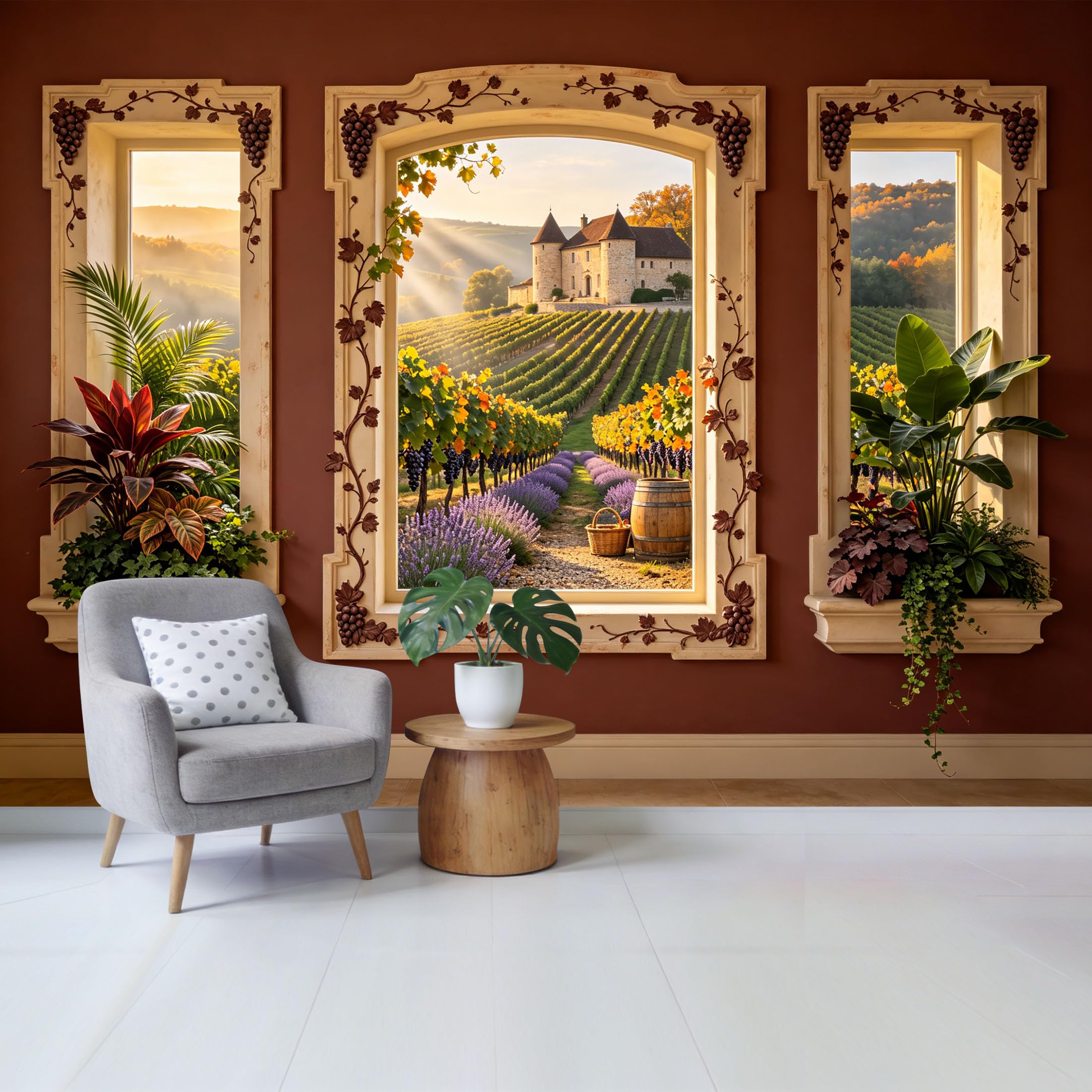 Custom Size Wall Mural Vineyard Landscape with Lavender Fields and Countryside Chateau View Removable Self Adhesive Fabric Home Wall Decor for Living Room Bedroom Bathroom