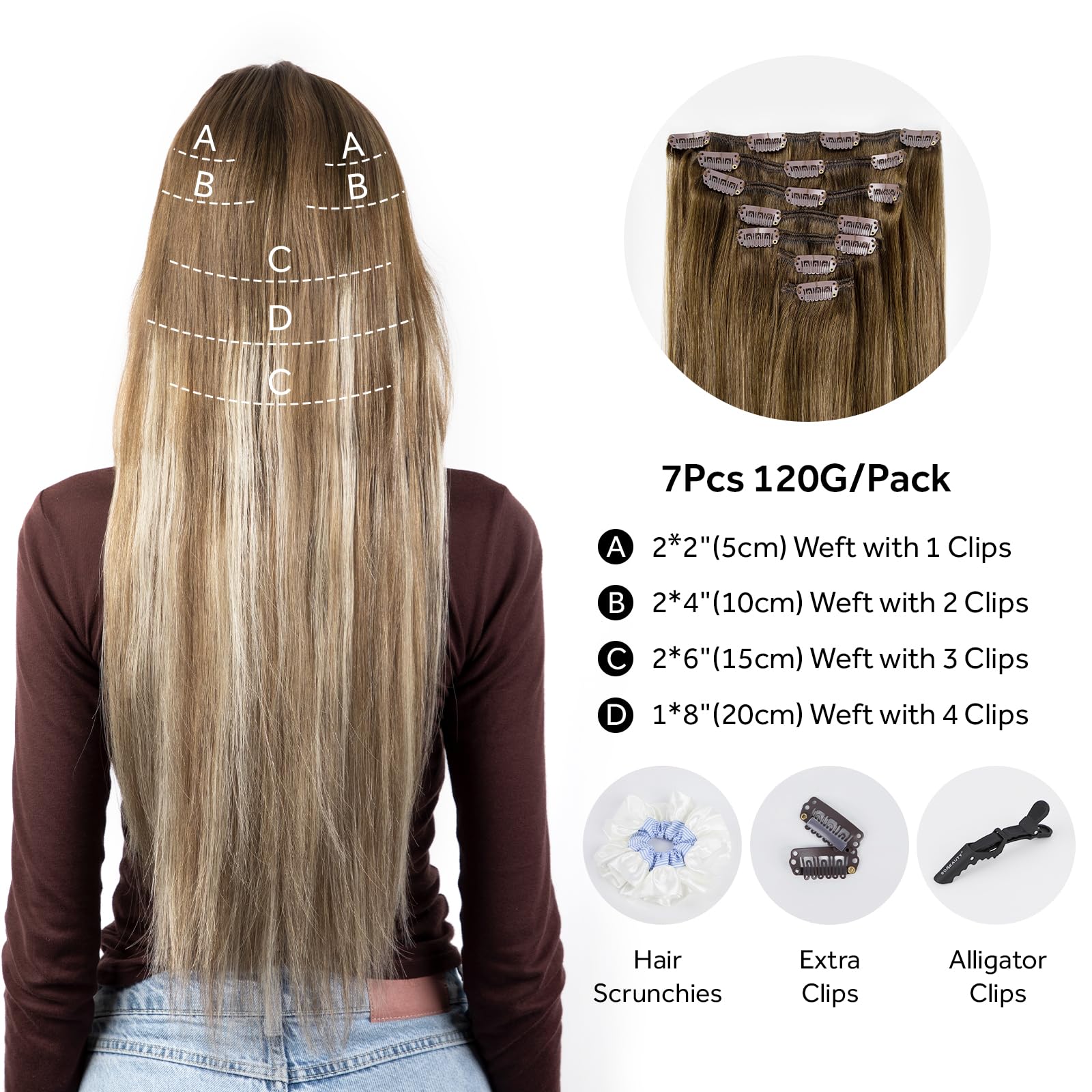 SOBEAUTY Hair Extensions Clip in, 100% Real Human Hair Extensions, 7 Pcs 120G Volume Invisible Clip in Human Hair Extensions - Image 2