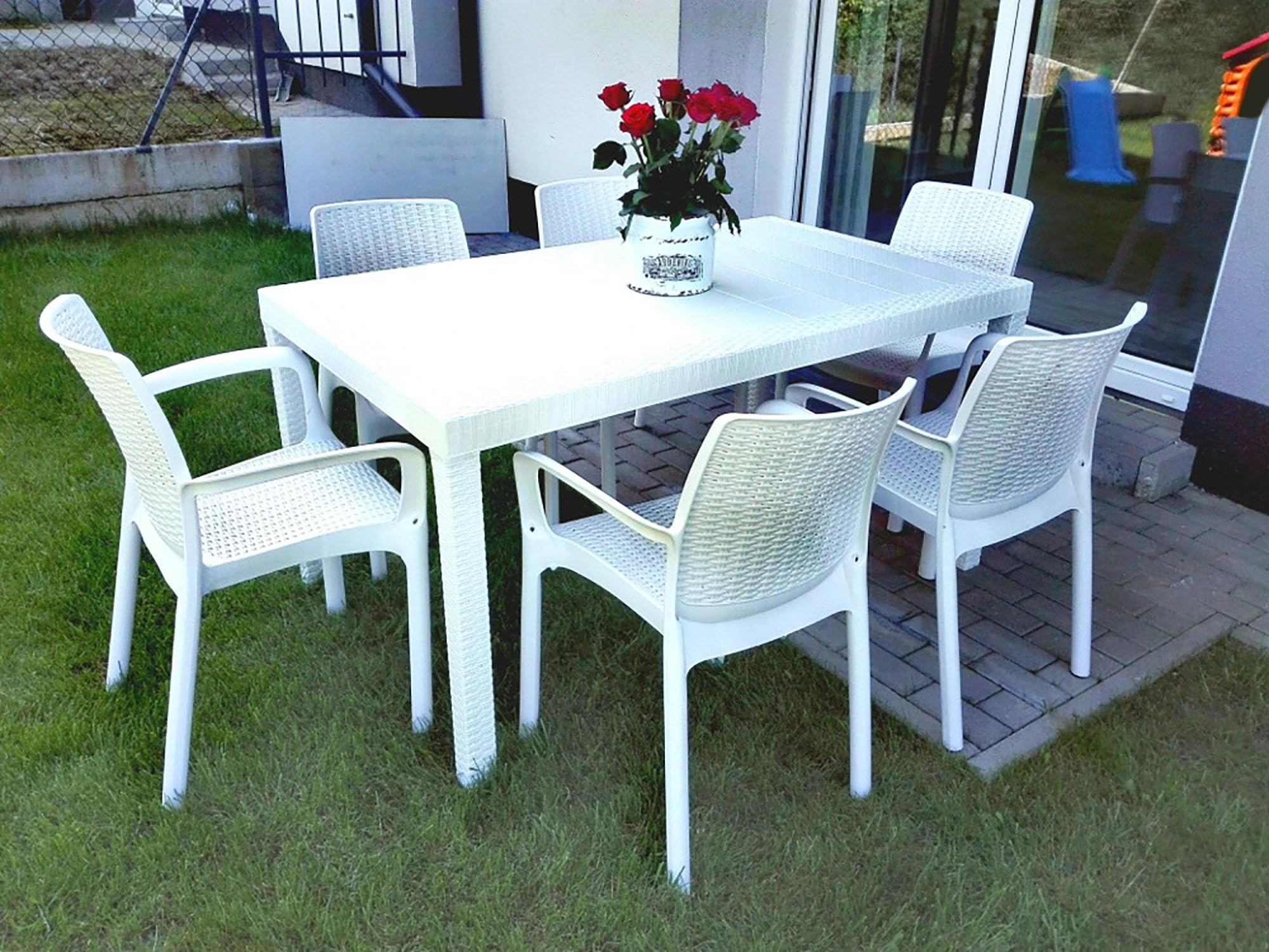 Dmora - Tavolo da Esterno Giove, Tavolo Rettangolare da Giardino, Tavolo da Giardino Multiuso Effetto Rattan, 100% Made in Italy, 150x90h74 cm, Bianco