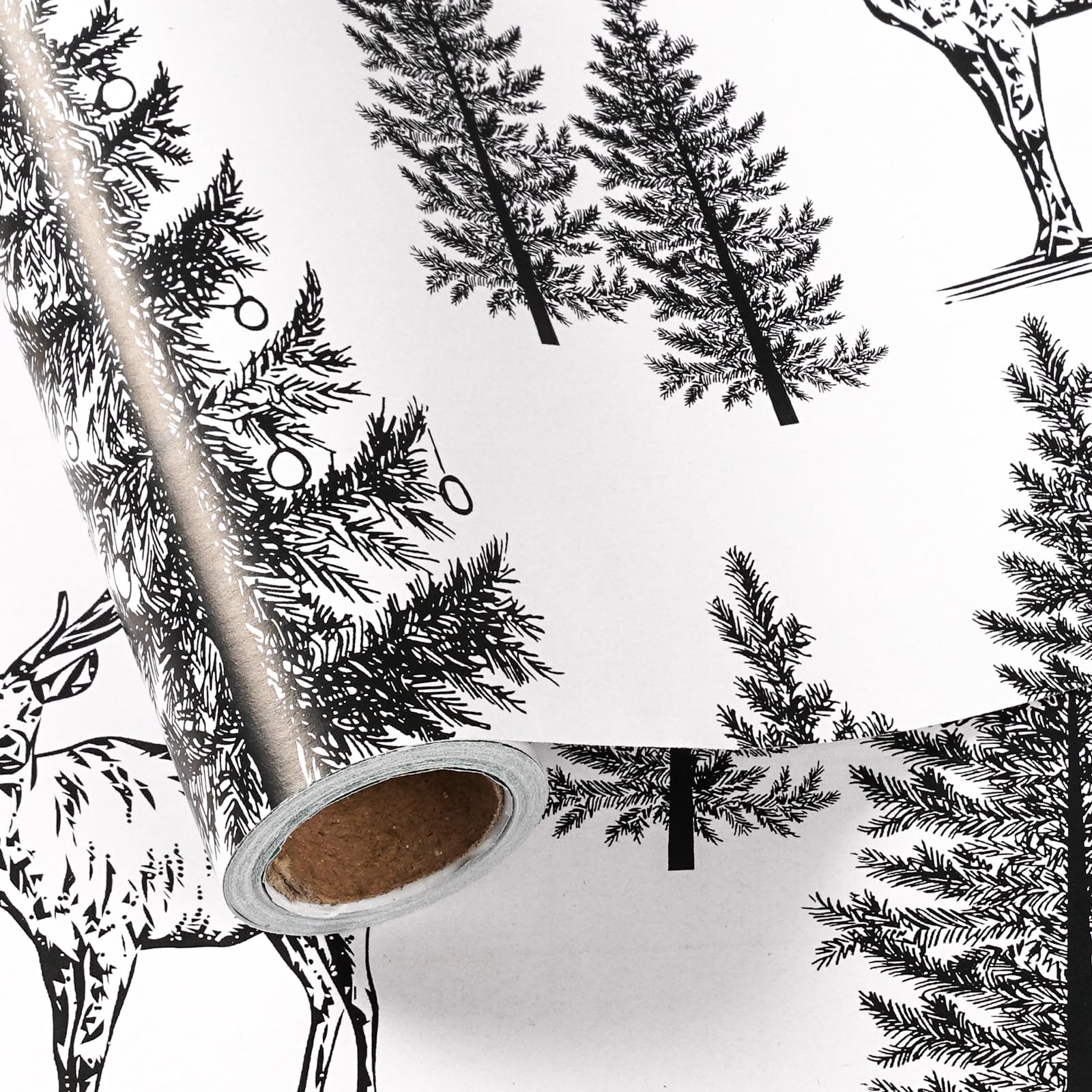 LeZakaa Christmas Wrapping Paper Roll, Reindeer & Snowy Pine Trees in Black & White Sketch-style Xmas Design, Holiday Party Gift Wrap for Kids Boys Girls, Jumbo Roll 30 in x 32.8 Feet — image 1