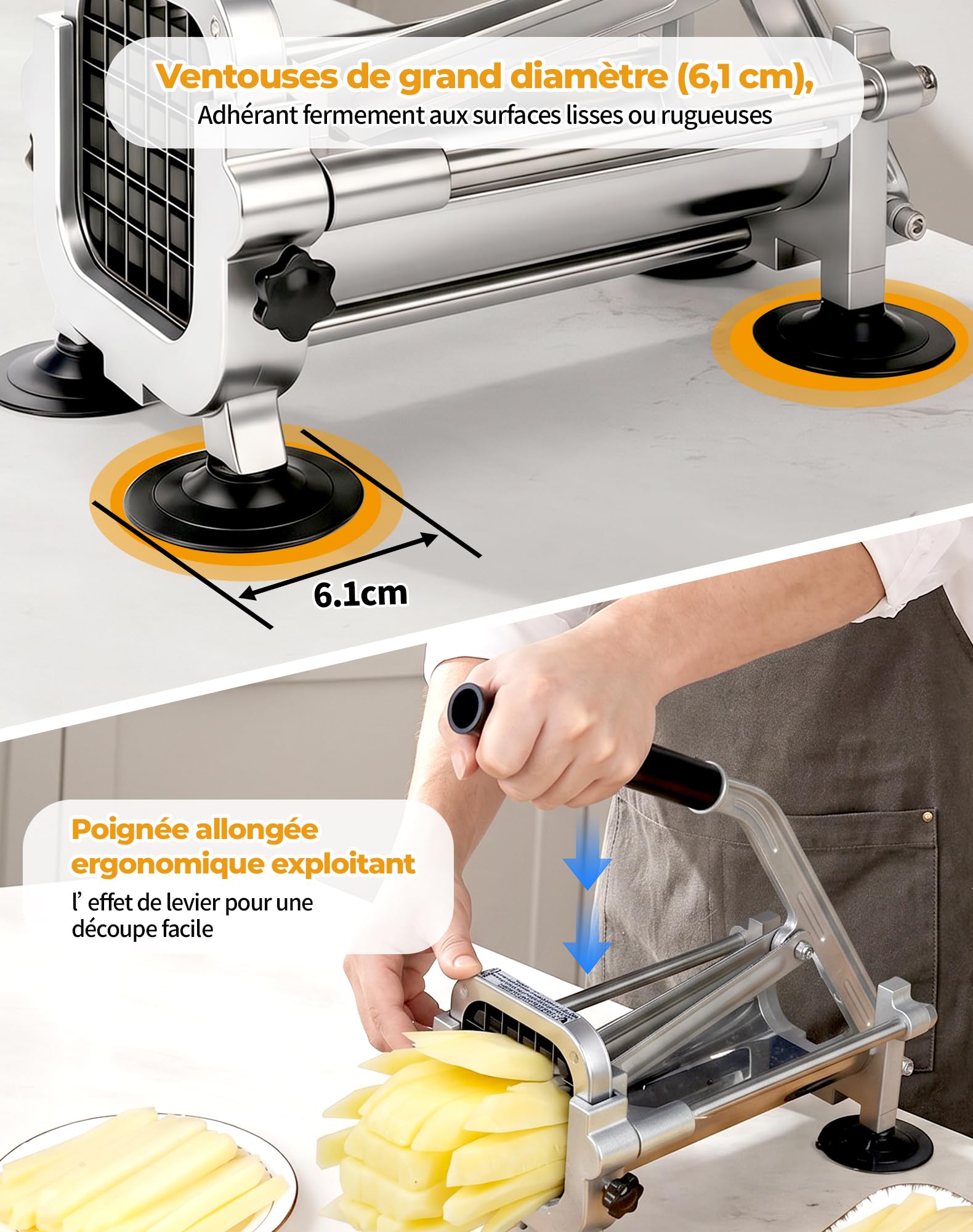 Coupe Frite Professionnel avec Lames 13 mm, 9 mm, 6.5 mm Coupe-Frites Manuel en Acier Inoxydable Coupe Patate frite pour Patates Douces, Carottes, Ignames et Concombres