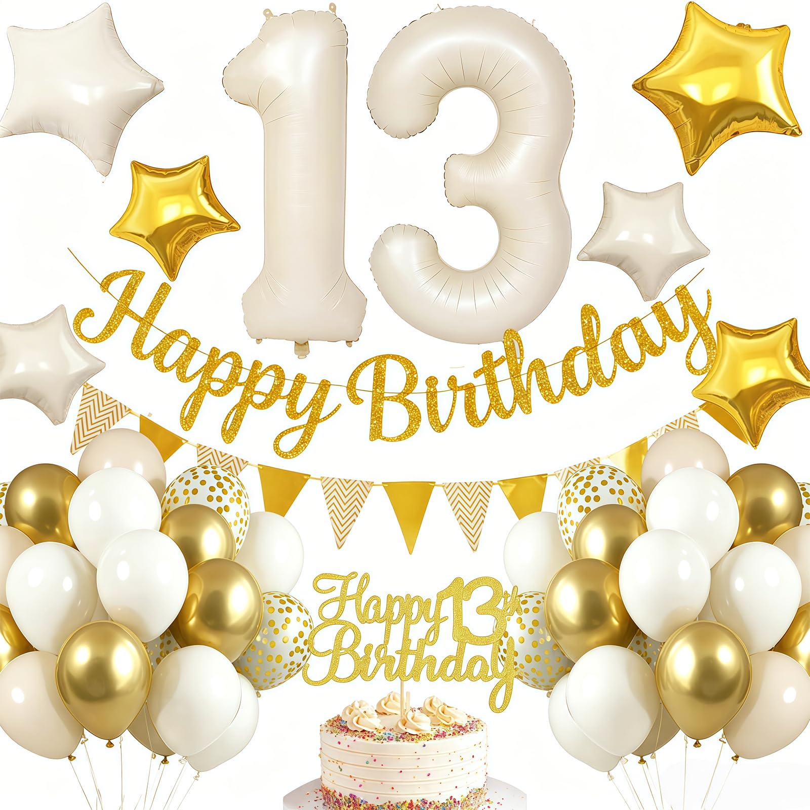 13th Birthday Decoration, Balloons 13th Birthday Beige Gold, Birthday Decoration for 13 Years Girl Boy, Happy Birthday Garland Balloon 13 Decoration for Birthday, 13th Birthday Balloon Decoration Set