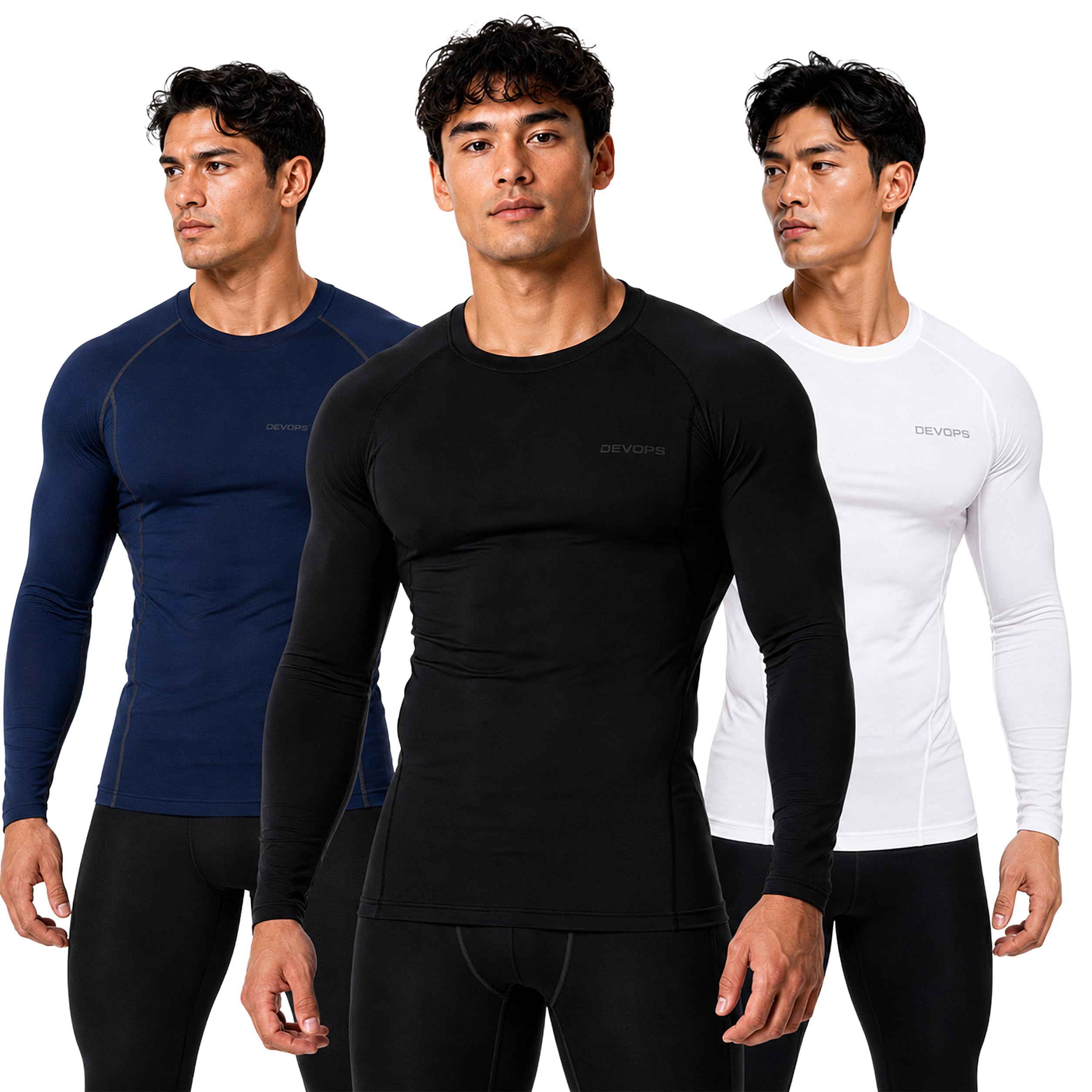 DEVOPS 3 Pack Men's UPF 50+ Long Sleeve Compression Baselayer Shirts Quick Dry