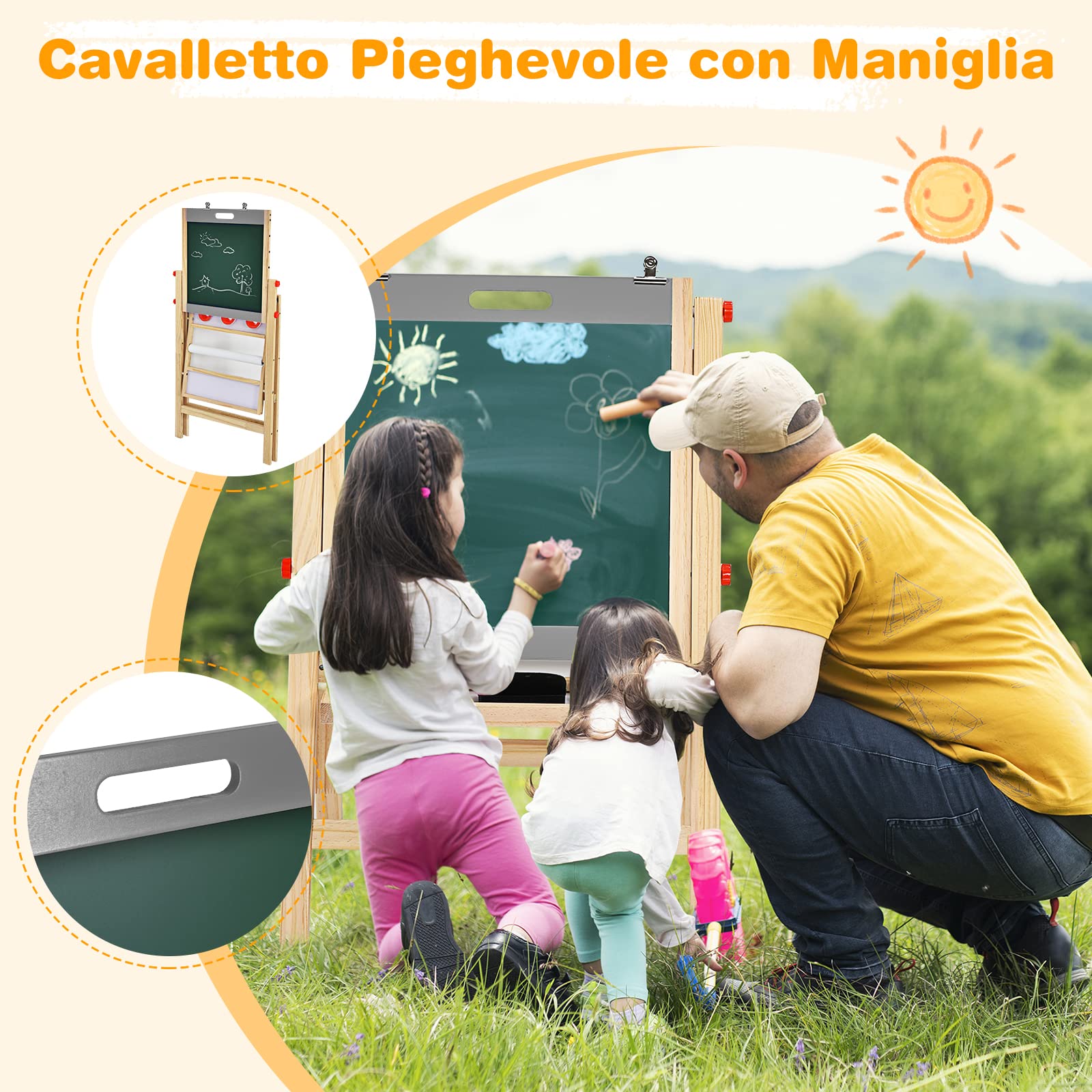 RELAX4LIFE Lavagna Bifacciale con Cavalletto per Bambini, Cavalletto Pieghevole in Legno di Pino con Altezza Regolabile, Lavagna Nera e Bianca Magnetica con Ripiano e Accessori, Cavalletto Portatile