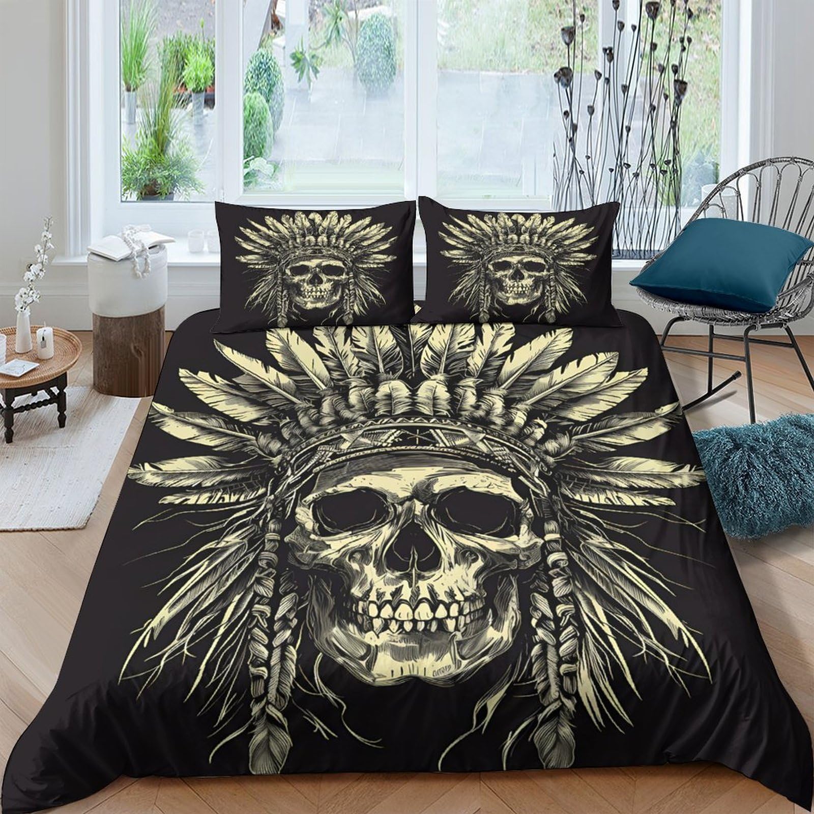 Ctjqhvkz Style-4 3D Printed Skull Indian Headdress Fitted Sheet Microfiber Black Gothic Feather Bed Cover For Bedroom Guest Room Decor Single（135X200cm）