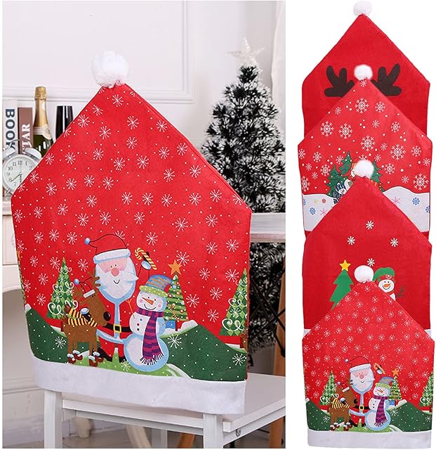 Christmas Chair Cover Dining Chair Covers Removable Chair Protective Covers Christmas Decor for Christmas Party Kitchen Home Living Room Hotel Office Decoration 4PCS