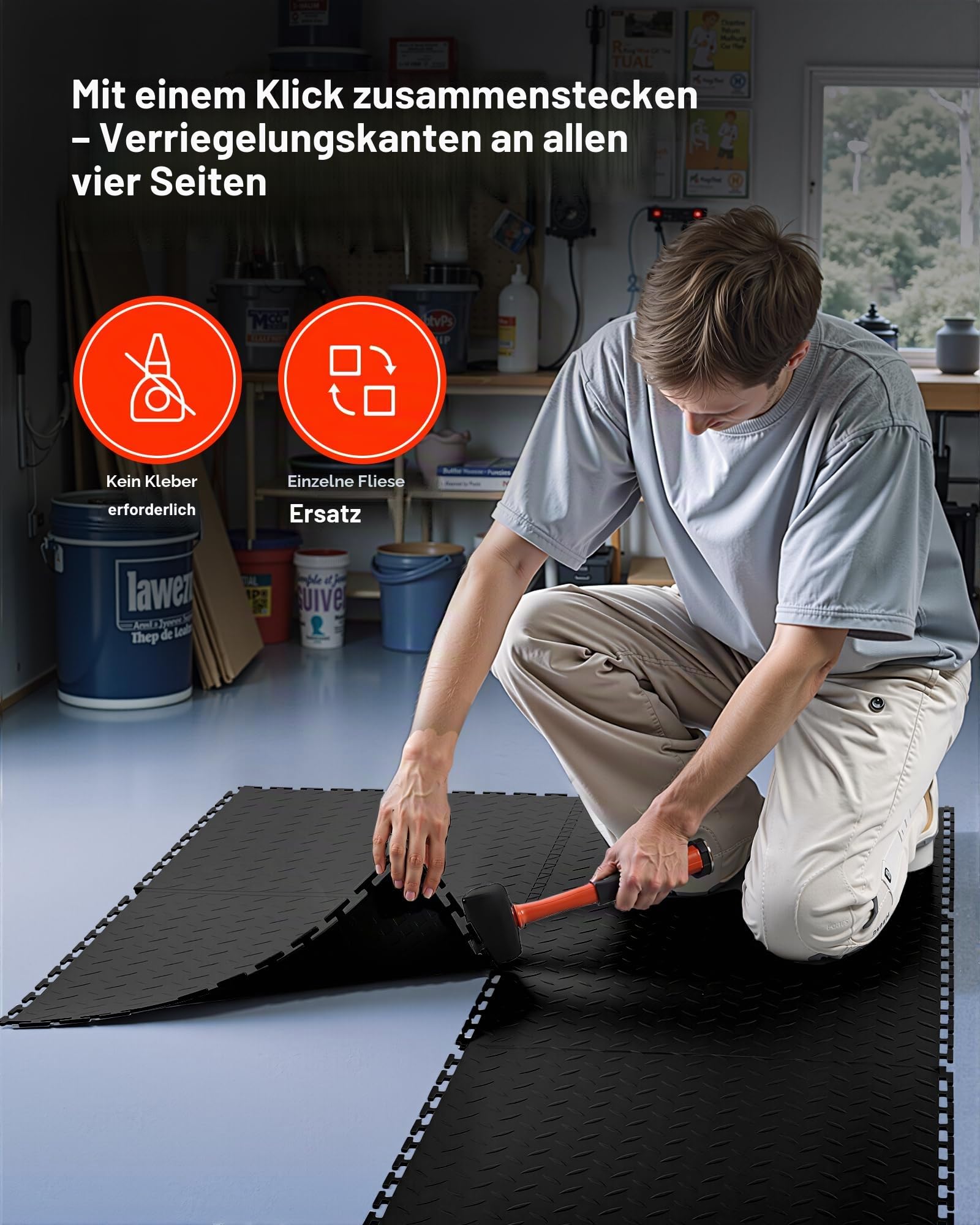 VEVOR PVC Garagenboden, 8er-Pack 513x513x5 mm, Werkstattboden, Industrieboden, Klick Verlegung, rutschfeste PVC-Matten mit Diamantplatte für Werkstatt, Lager, Werkzeugraum, Schwarz