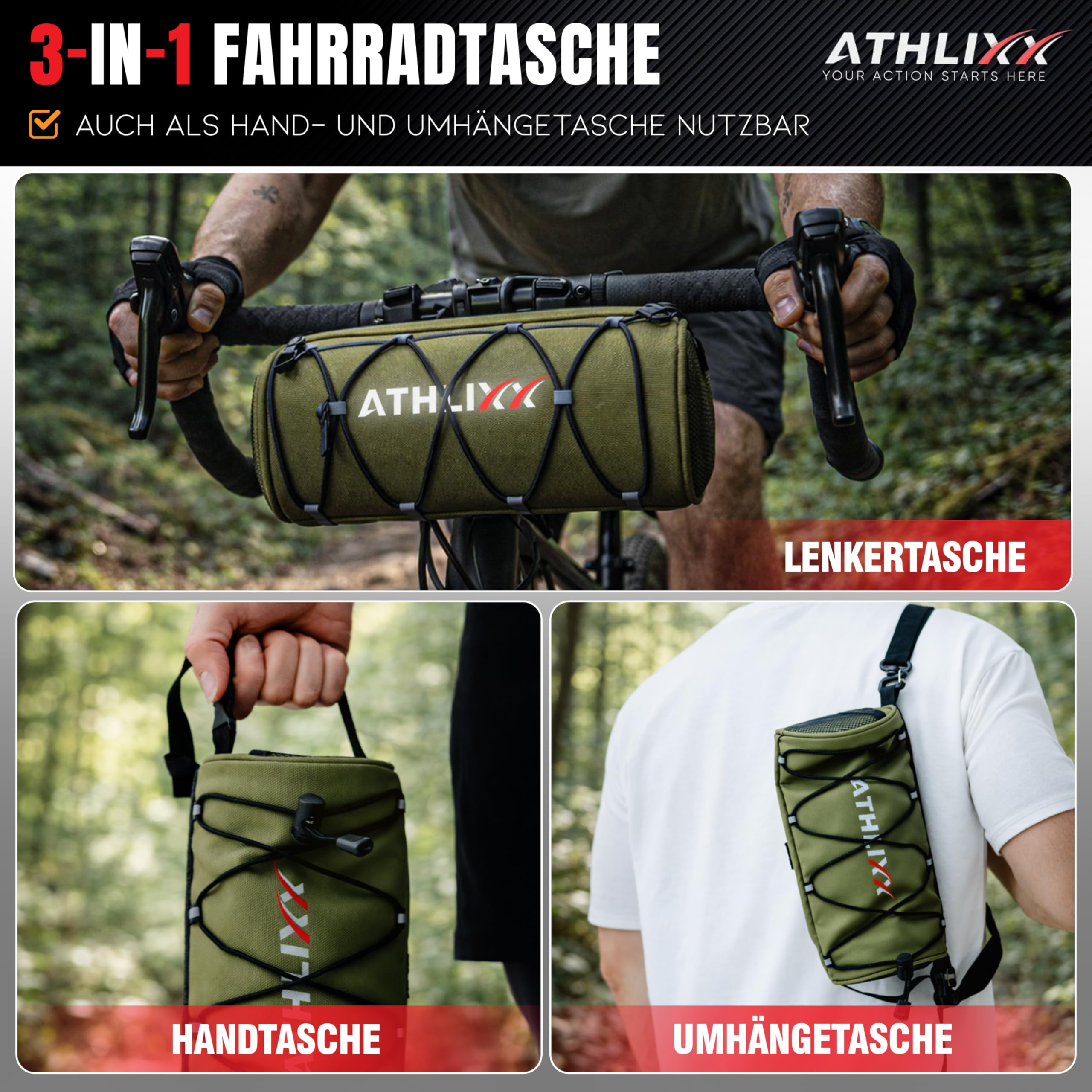 ATHLIXX Fahrradtasche 2,4L – wasserdichte Lenkertasche/Rahmentasche – 240×100 mm – 3 Straps, Handstrap & Schultergurt – für Rennrad, MTB, Gravel, E-Bike – Grün Sport & Freizeit