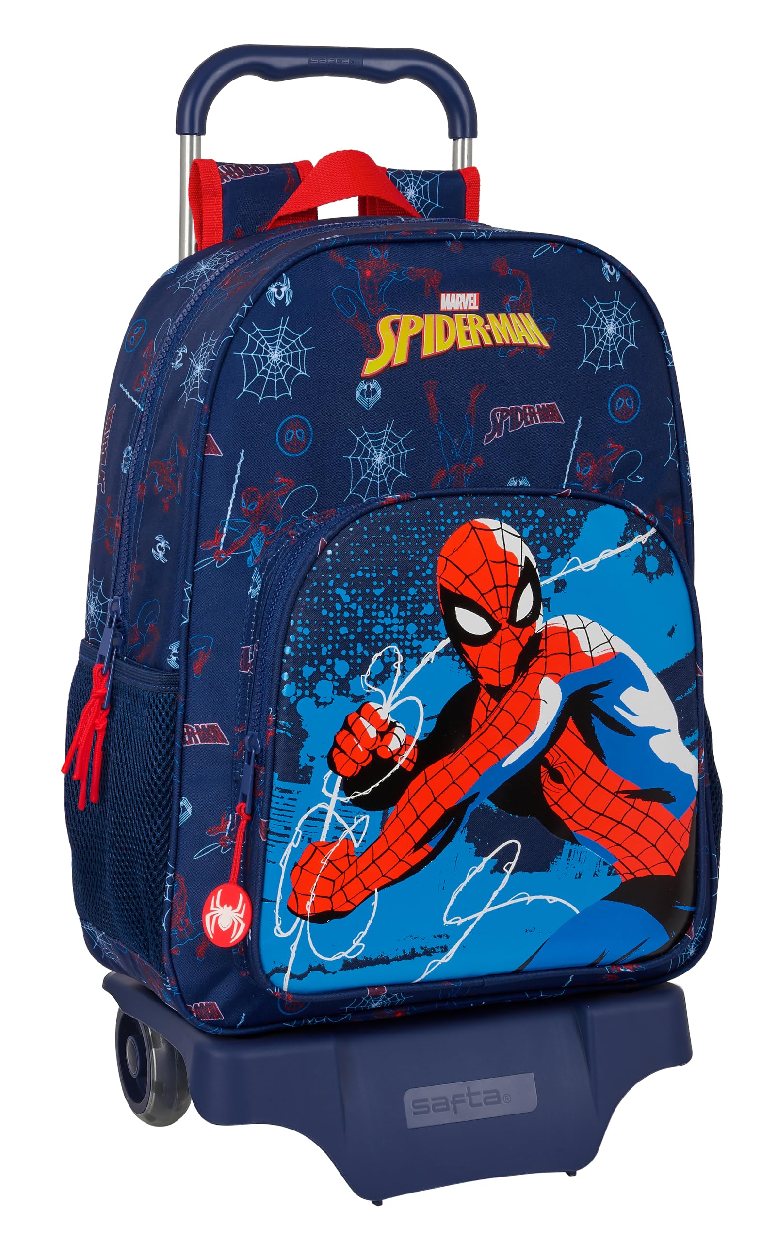 Safta SPIDERMAN NEON - Mochila Escolar con Carro 905, Ideal para Niños de Diferentes Edades, Cómoda y Versátil, Calidad y Resistencia, 33x14x42 cm, Color Azul Marino