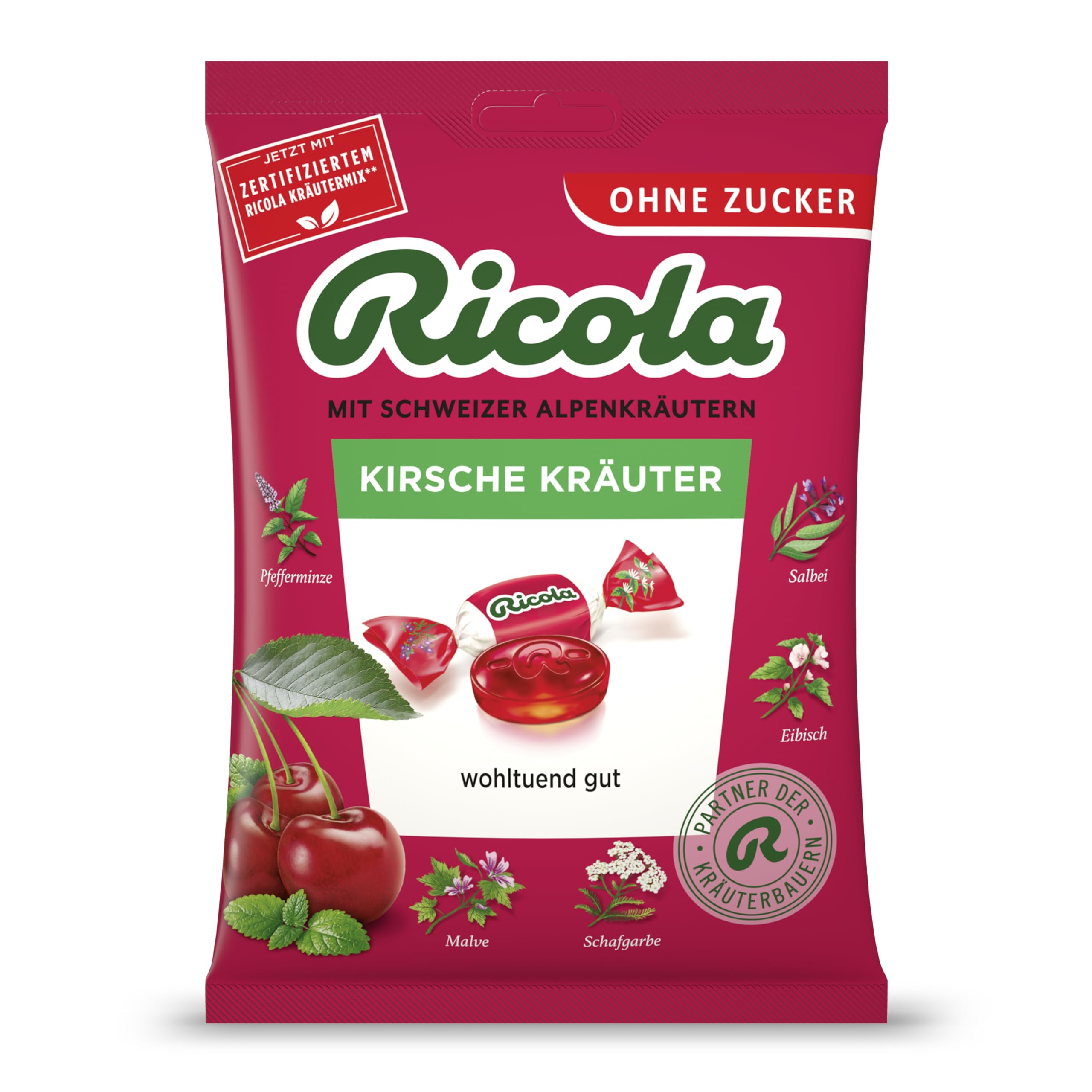 Ricola Kirsche Kräuter, 75g Beutel original Schweizer Kräuter-Bonbons mit 13 Alpenkräutern und fruchtig-erfrischender Kirsche, zuckerfrei, 1 x 75g