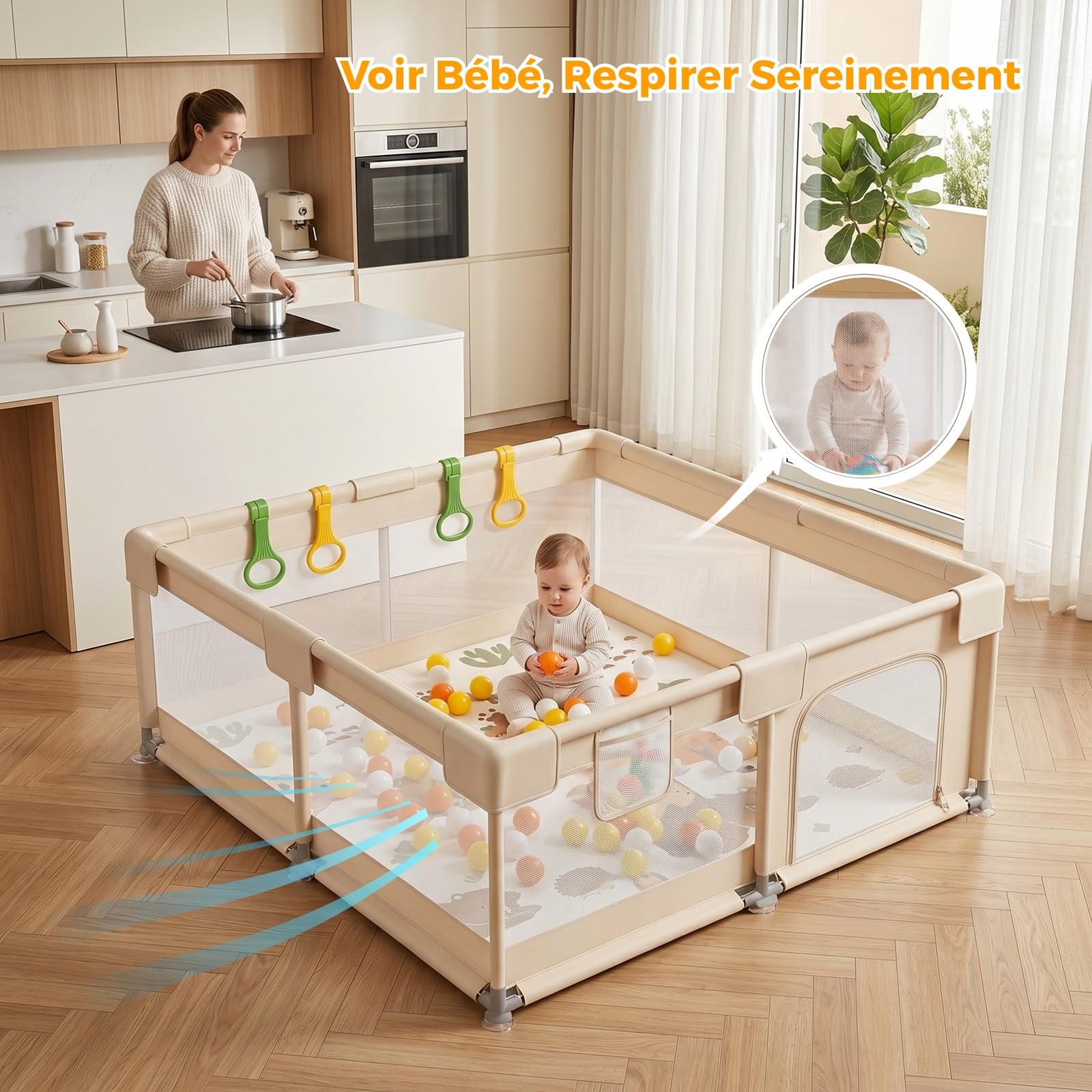 Beige Parc Bebe avec Tapis - 150x150cm Parc Enfant Sécurisé | Aire de jeu carrée tissu Oxford, Filet respirant 360°, Structure stable, Ventouses puissantes, 4 anneaux