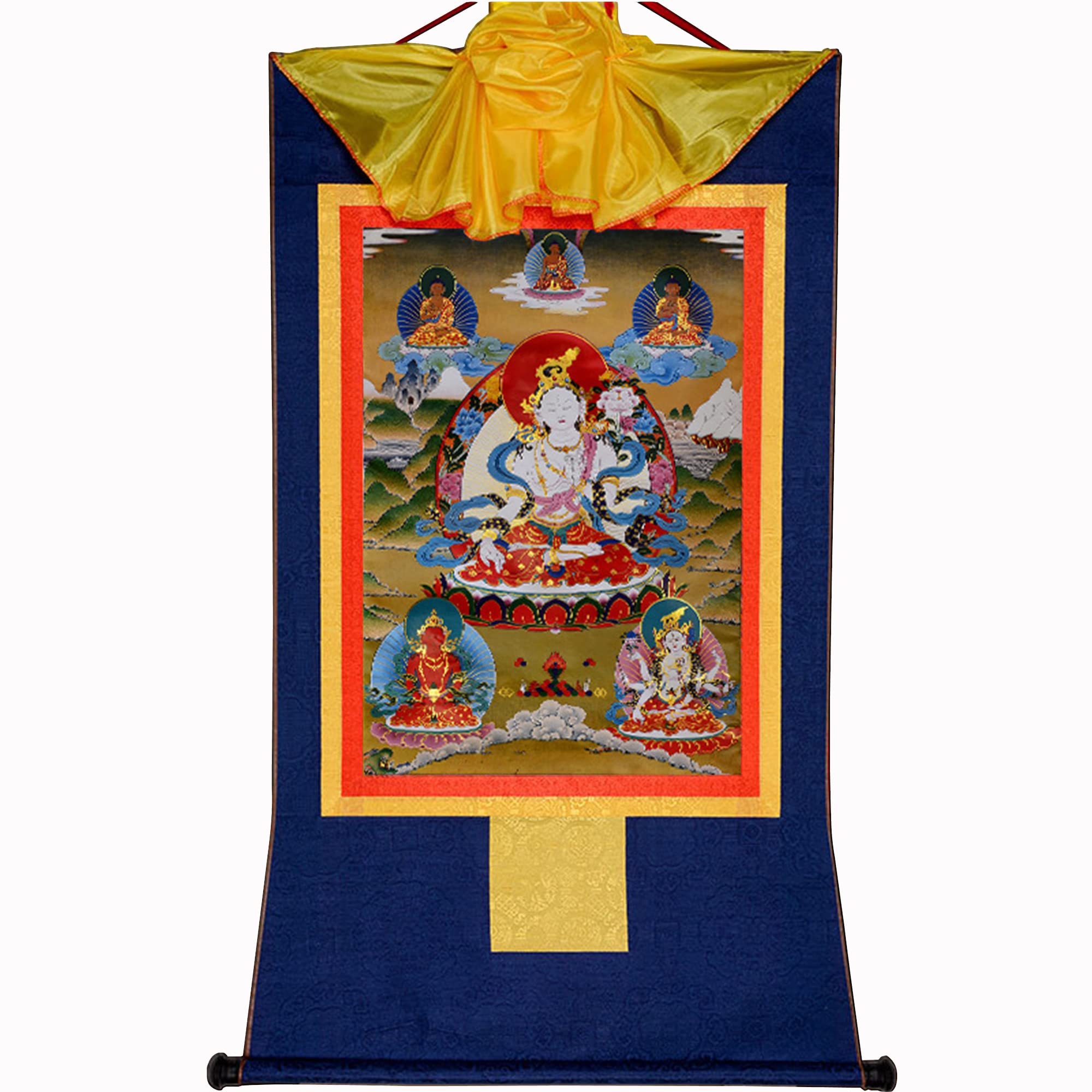 Gandhanra Tibetan Thangka Wall Hanging - White Tara Thangka - Hot Stamped Buddha Tapestry for Zen Home Decor, Meditation, Spiritual Relaxation and Peace