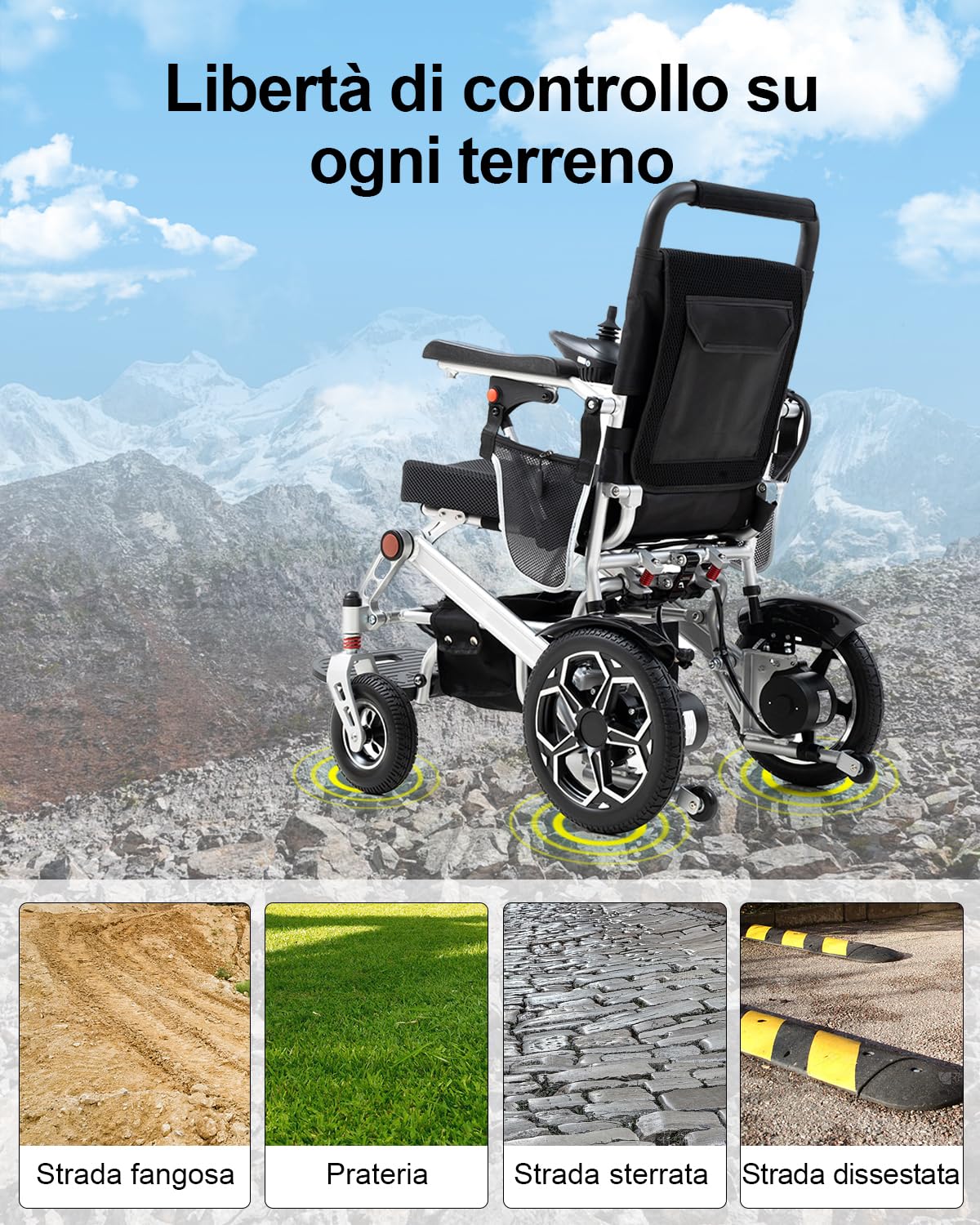 D10 Sedia a Rotelle Elettrica Pieghevole per Adulti, Potente Motore 500W, Batteria al Litio Rimovibile 12Ah, Autonomia 20KM, Telaio in Lega di Alluminio Rinforzata, Portata 150KG, Aereo approvato